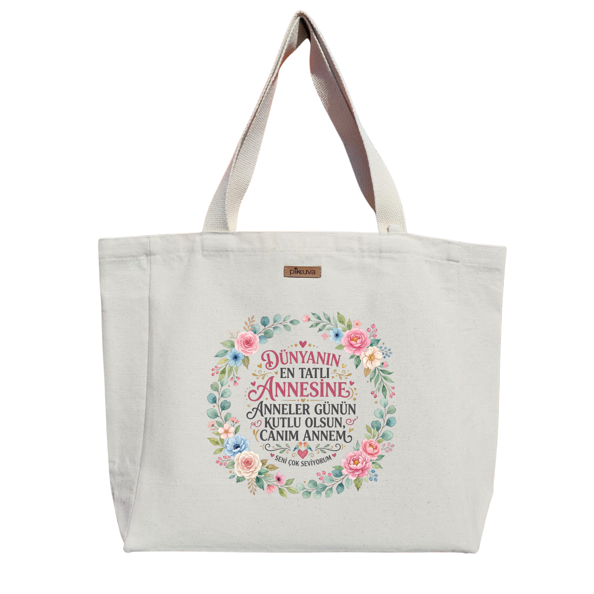 Natural Canvas Tote Bag, Natural Handle, White Velcro, Water Bottle Holder — 20x24