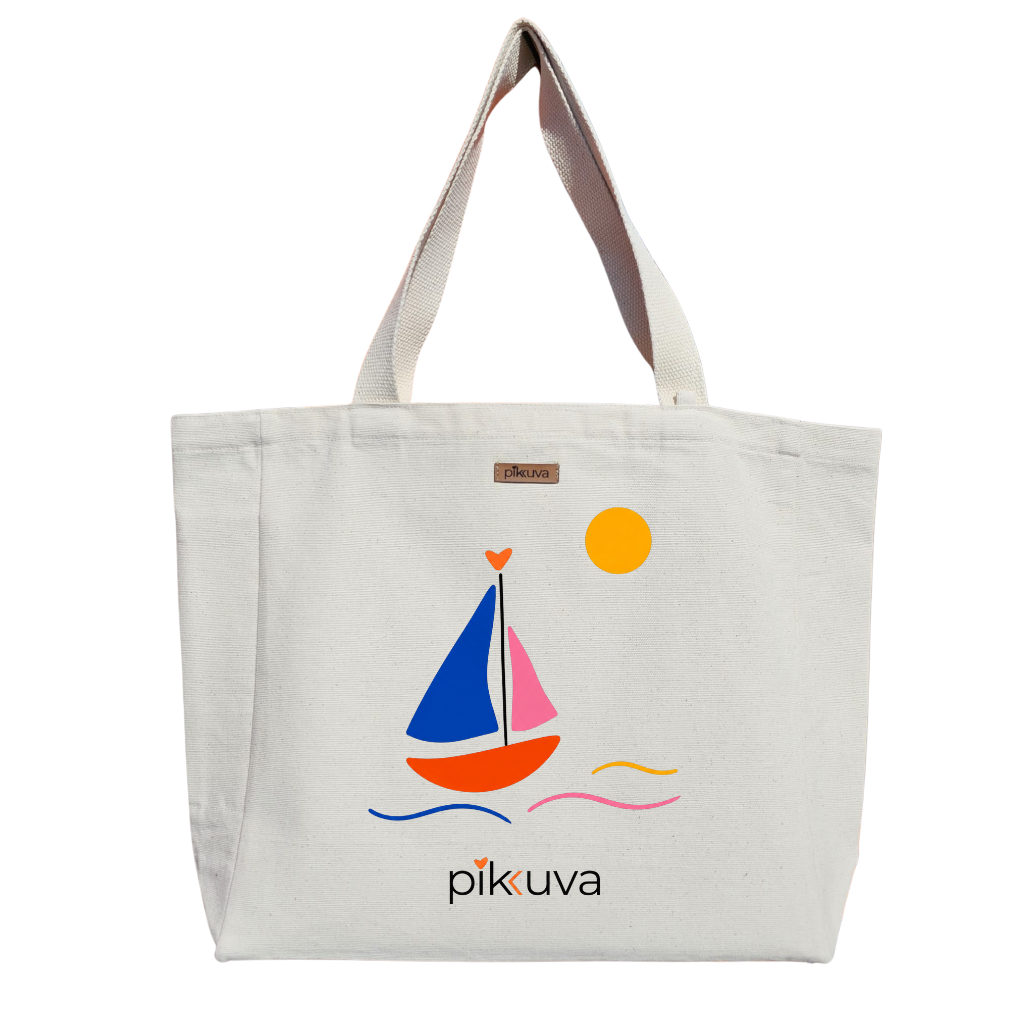 Renkli Yelkenli Bot ve Güneş Colorful sailboat and sun Baskılı Naturel Kanvas Bez Çanta Sap Beyaz Cırt Cırtlı Suluk Tutuculu — 20x24