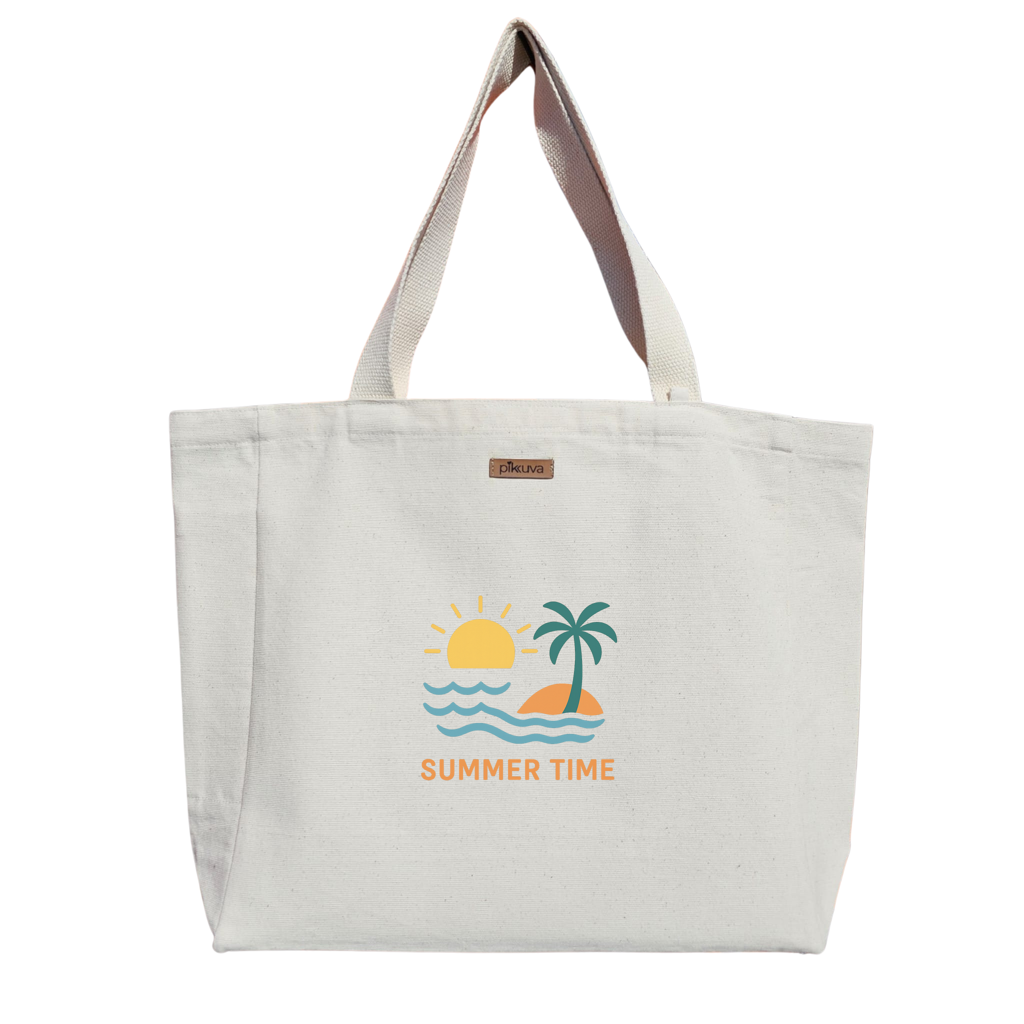 Natural Canvas Tote Bag, Natural Handle, White Velcro, Water Bottle Holder — 12x20