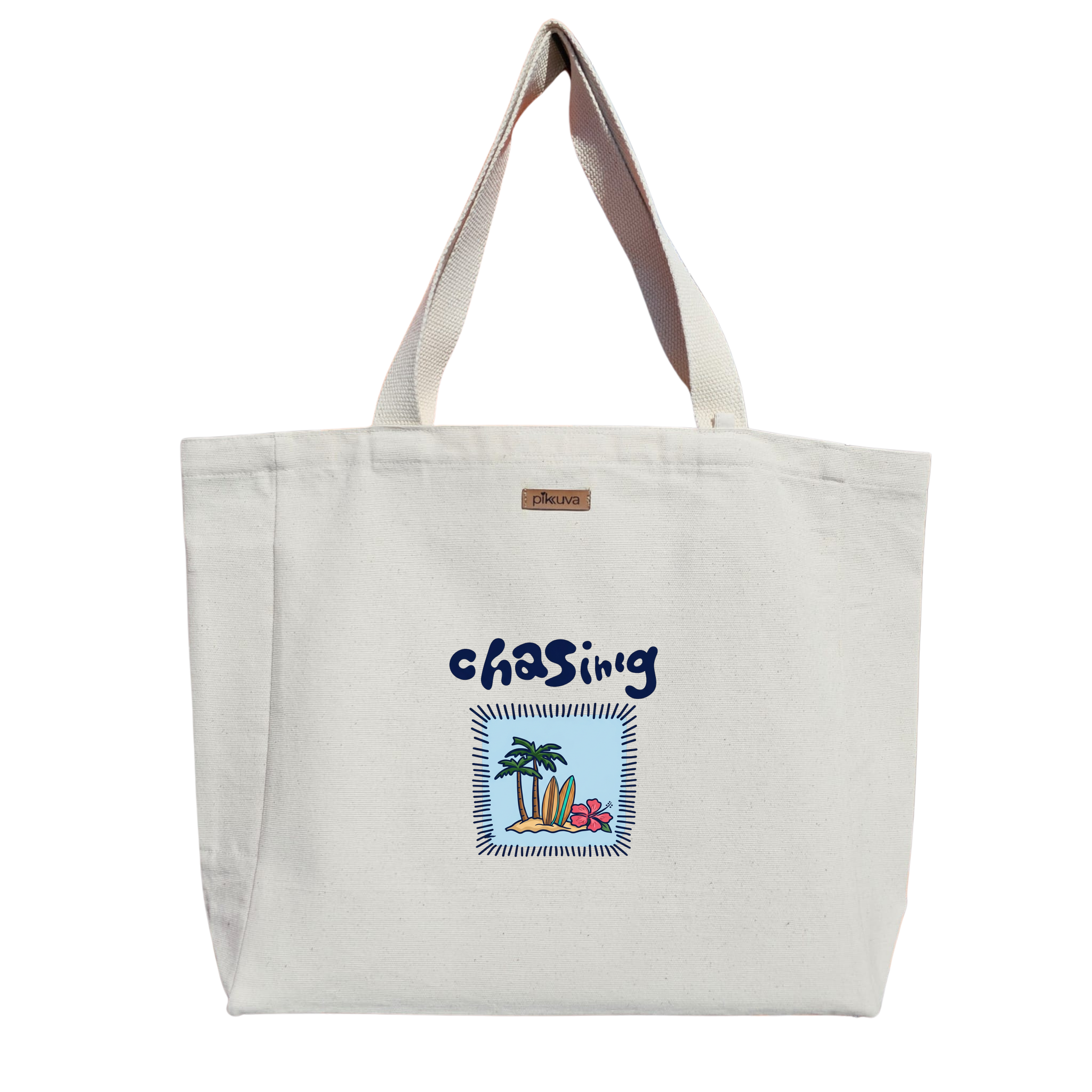 Natural Canvas Tote Bag, Natural Handle, White Velcro, Water Bottle Holder — 12x20