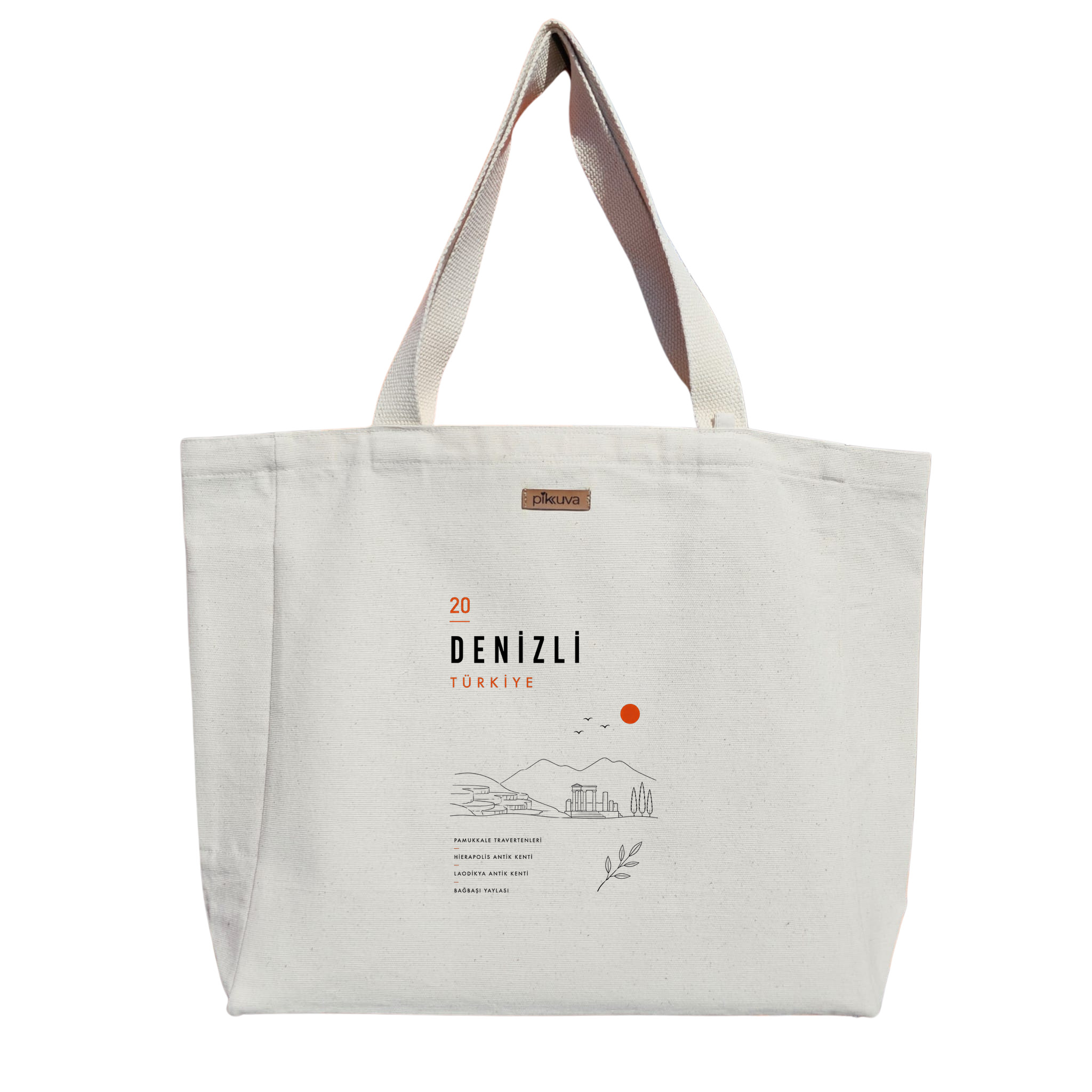 Natural Canvas Tote Bag, Natural Handle, White Velcro, Water Bottle Holder