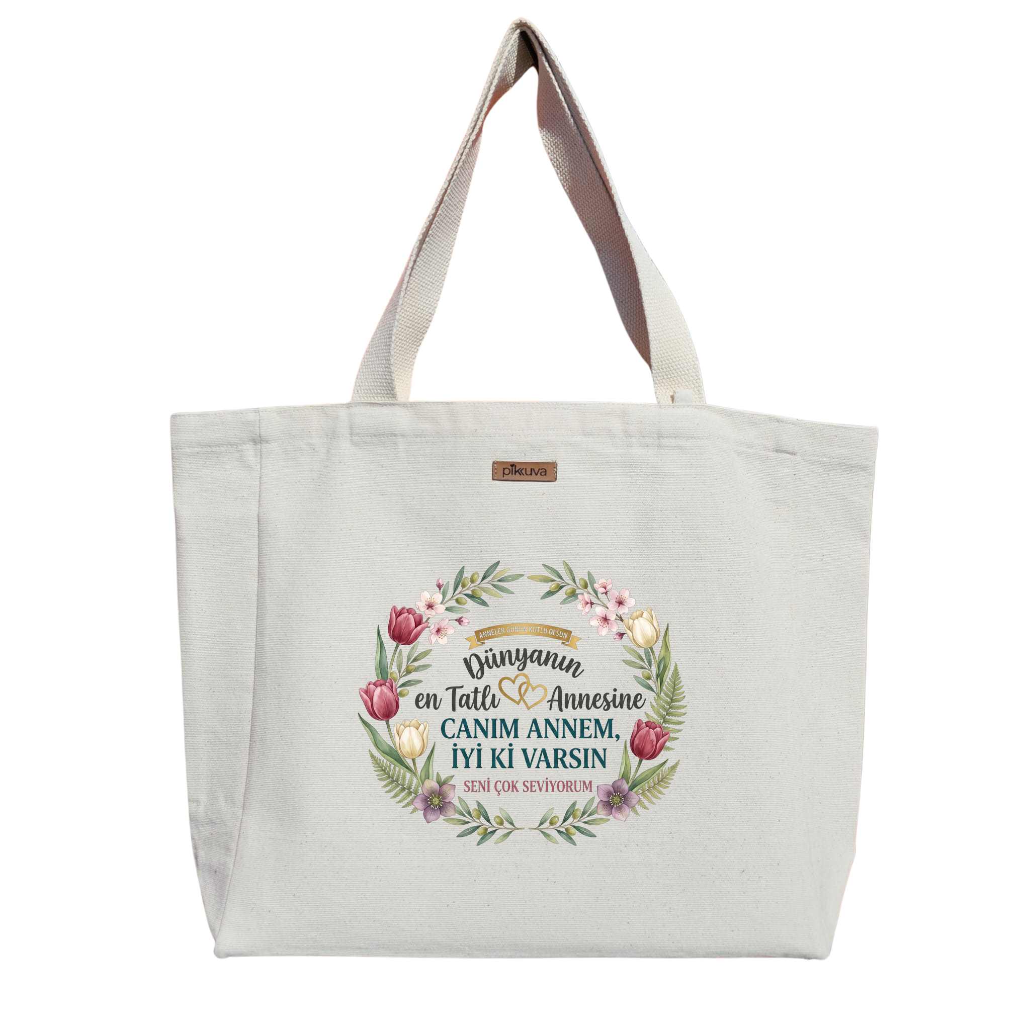 Natural Canvas Tote Bag, Natural Handle, White Velcro, Water Bottle Holder — 20x24