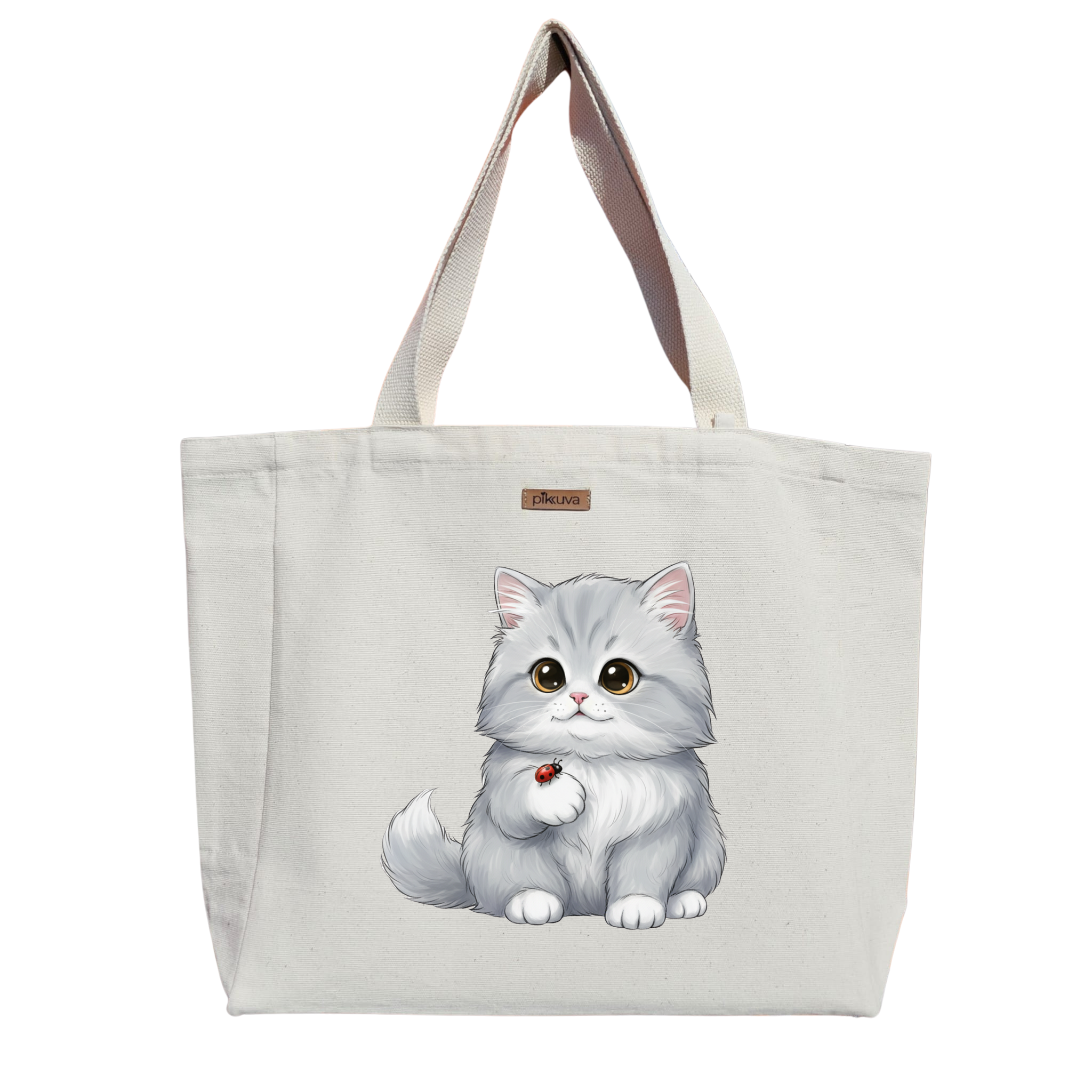 Sevimli Gümüş Kedi ve Uğur Böceği Cute silver cat and ladybug Baskılı Naturel Kanvas Bez Çanta Sap Beyaz Cırt Cırtlı Suluk Tutuculu — 20x24