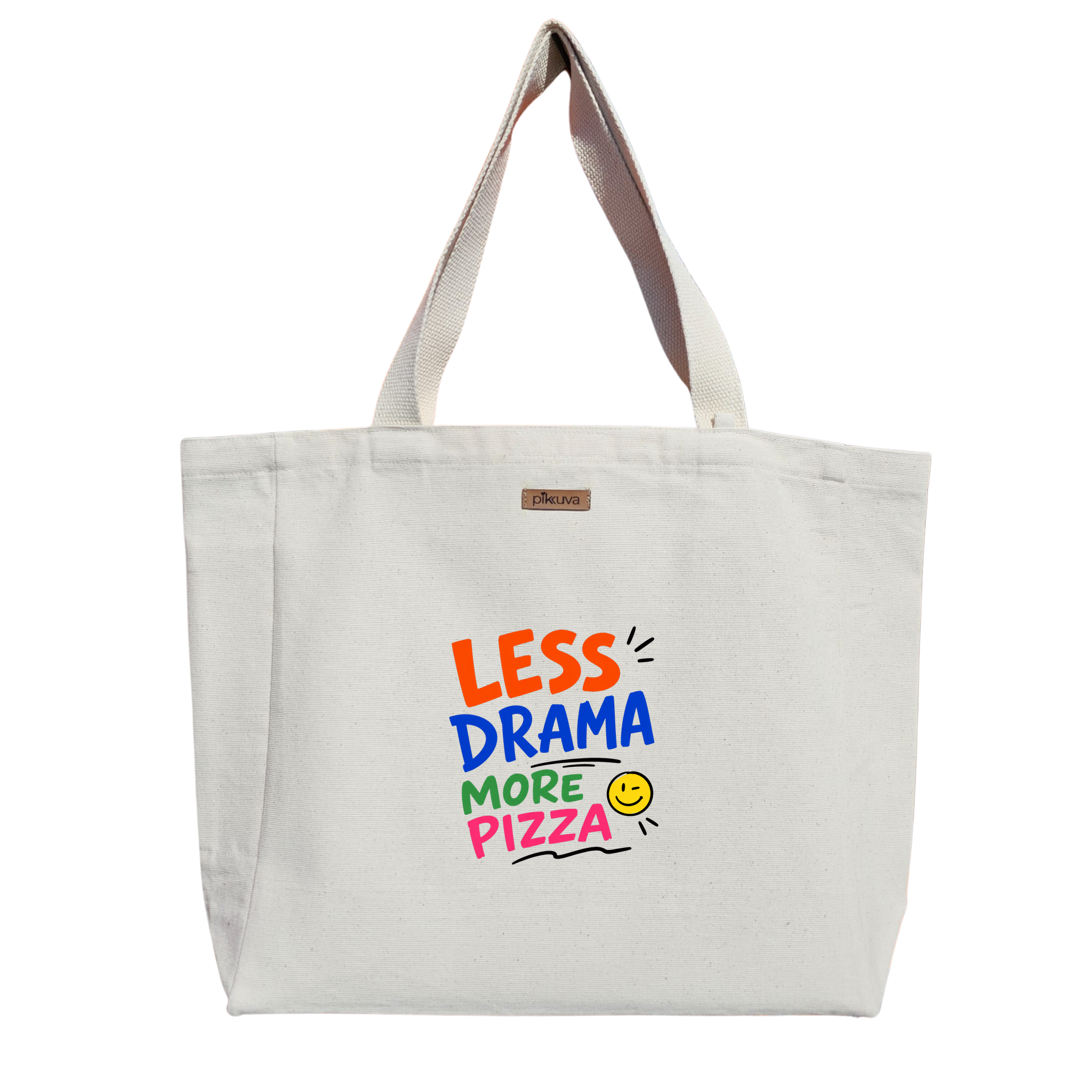 Daha Az Drama Fazla Pizza Less More Baskılı Naturel Kanvas Bez Çanta Sap Beyaz Cırt Cırtlı Suluk Tutuculu — 12x20