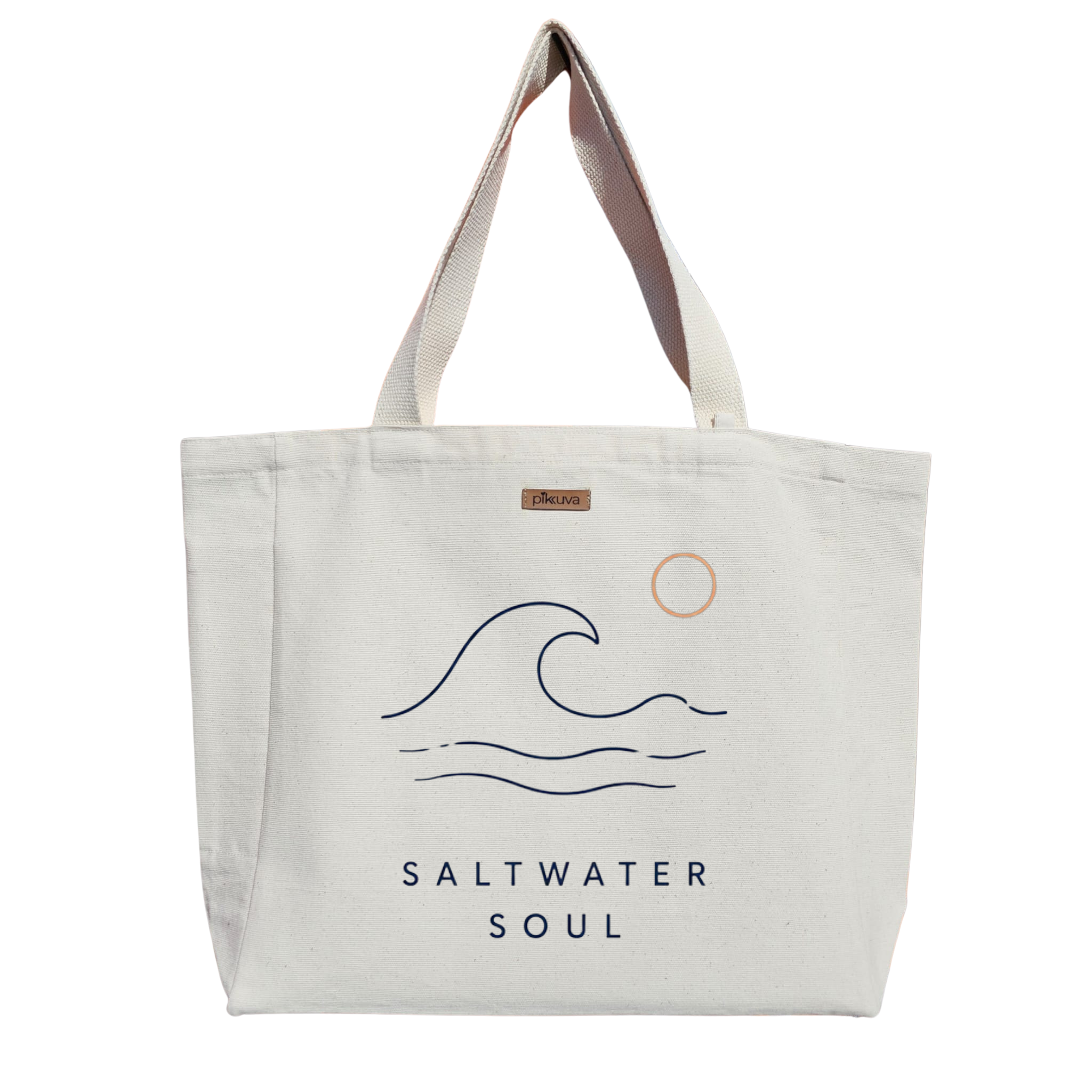 Natural Canvas Tote Bag, Natural Handle, White Velcro, Water Bottle Holder — 20x24