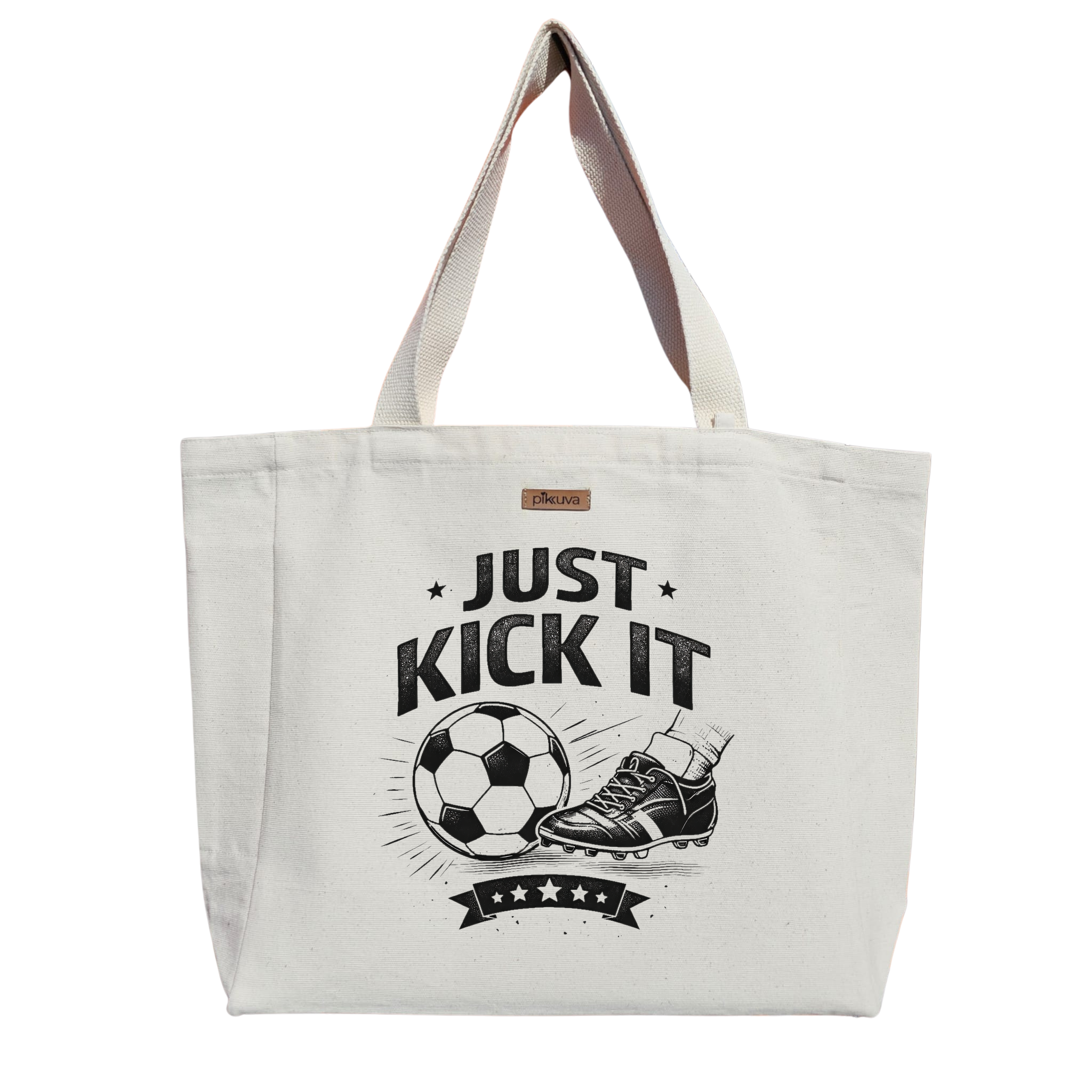 Siyah Futbol Topu ve Ayakkabı Stili Modern JUST KICK IT Baskılı Naturel Kanvas Bez Çanta Sap Beyaz Cırt Cırtlı Suluk Tutuculu — 20x24