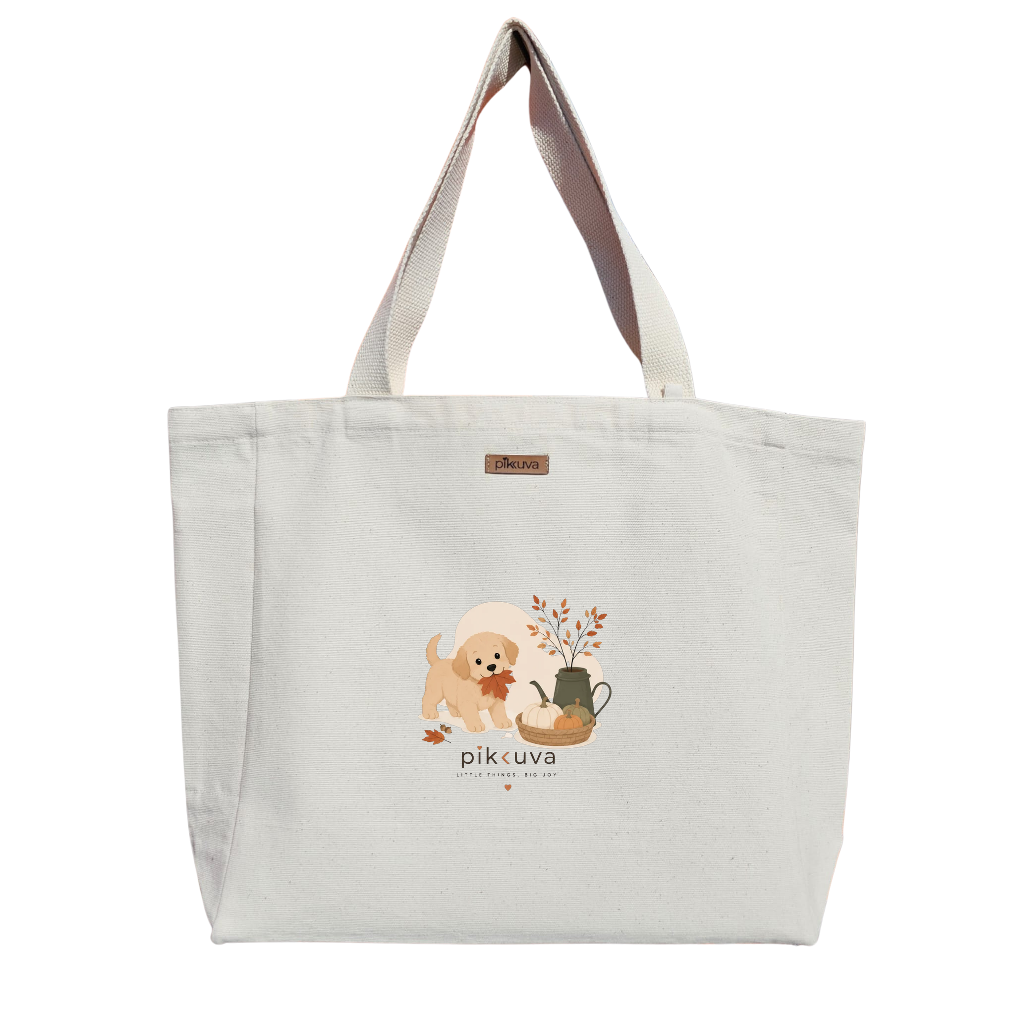 Natural Canvas Tote Bag, Natural Handle, White Velcro, Water Bottle Holder — 12x20