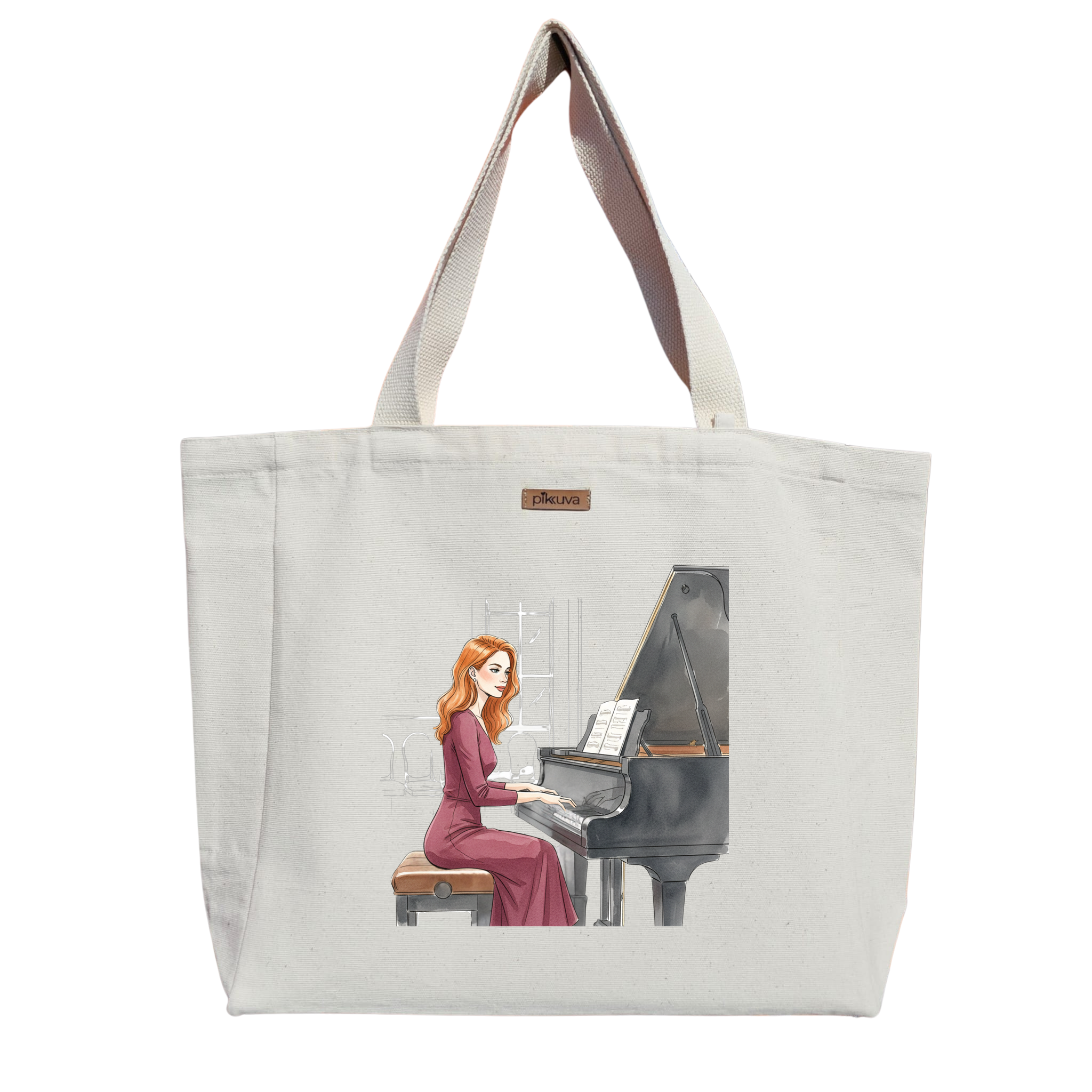 Piyano Başında Melodi Melody at the Piano Baskılı Naturel Kanvas Bez Çanta Sap Beyaz Cırt Cırtlı Suluk Tutuculu — 20x24
