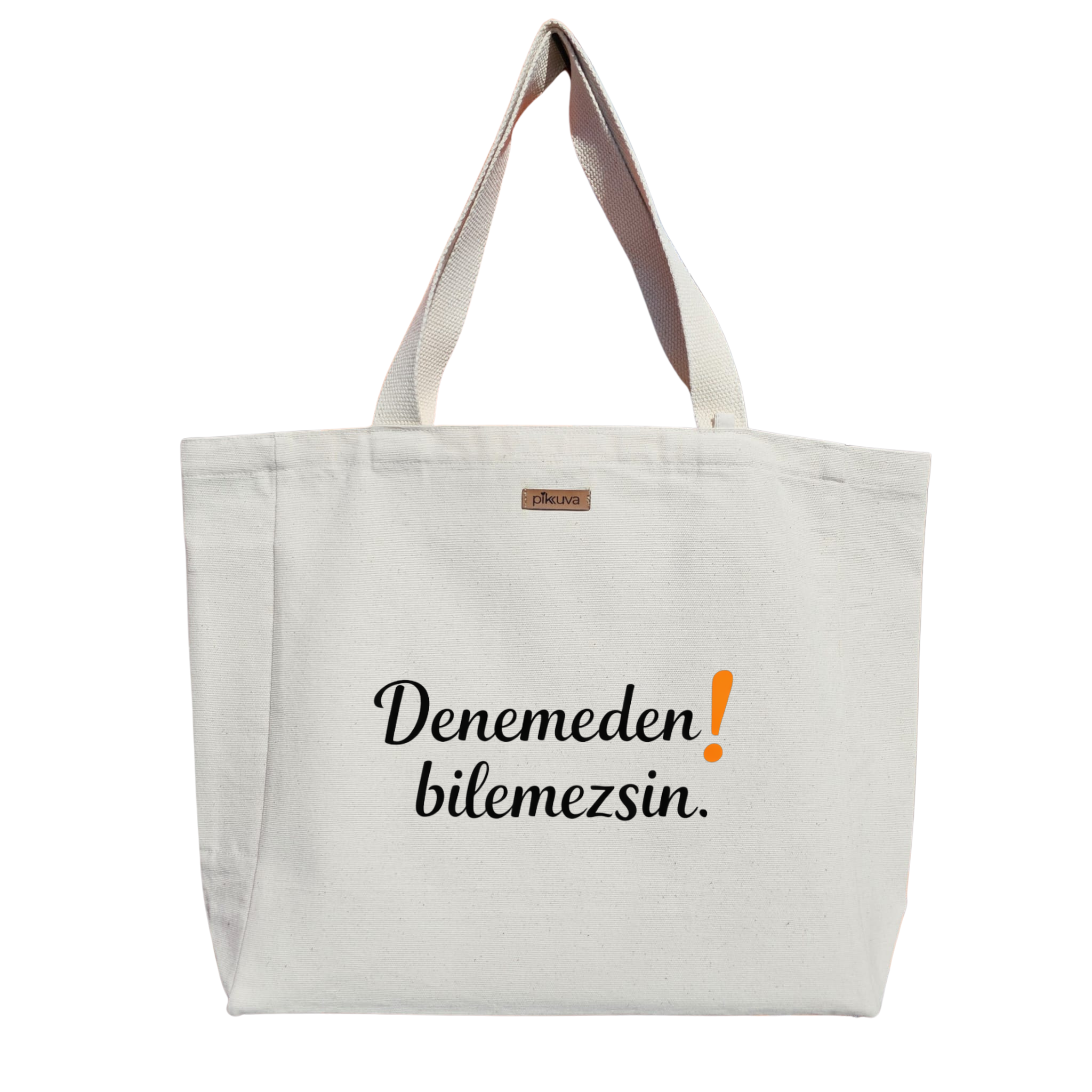 Natural Canvas Tote Bag, Natural Handle, White Velcro, Water Bottle Holder