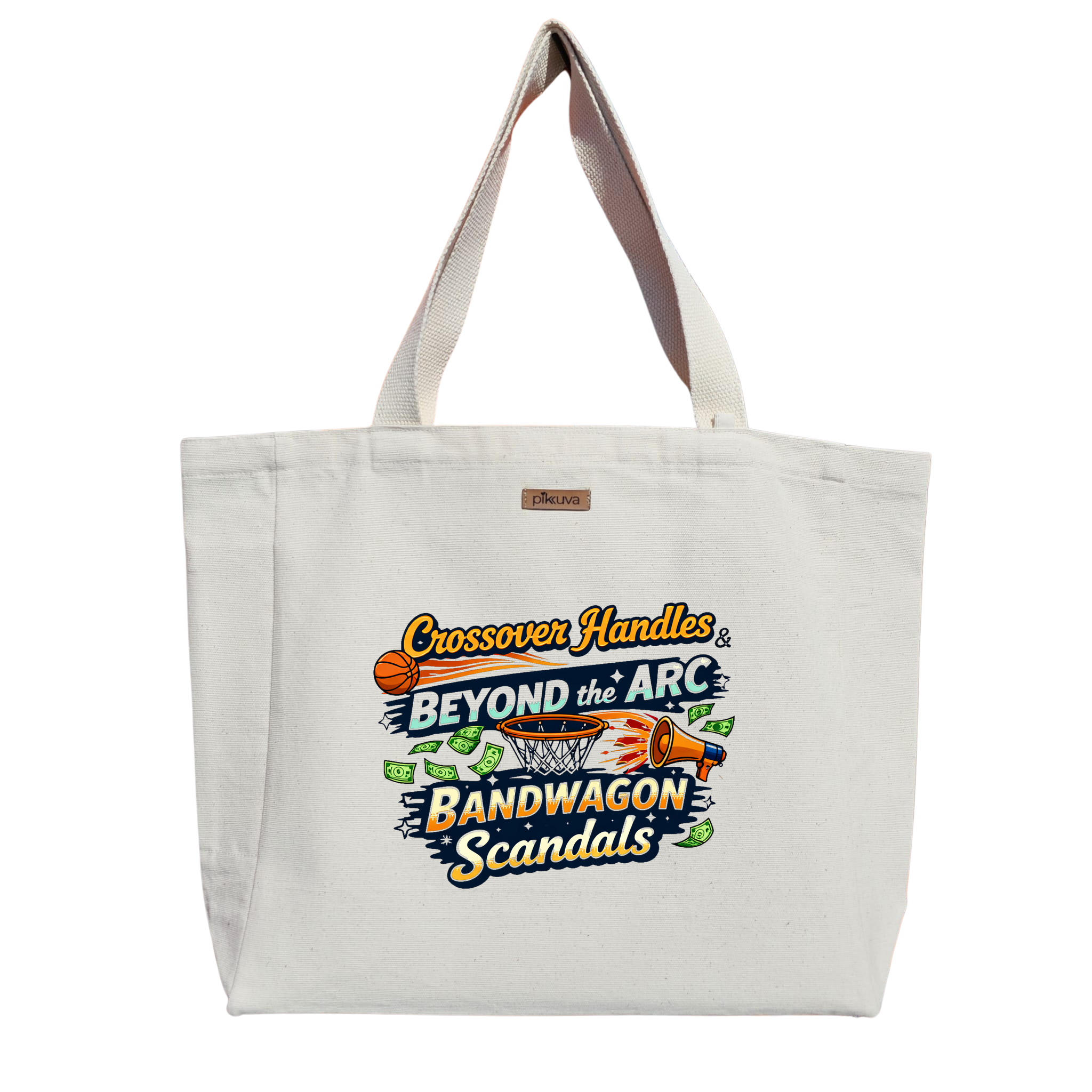 Natural Canvas Tote Bag, Natural Handle, White Velcro, Water Bottle Holder