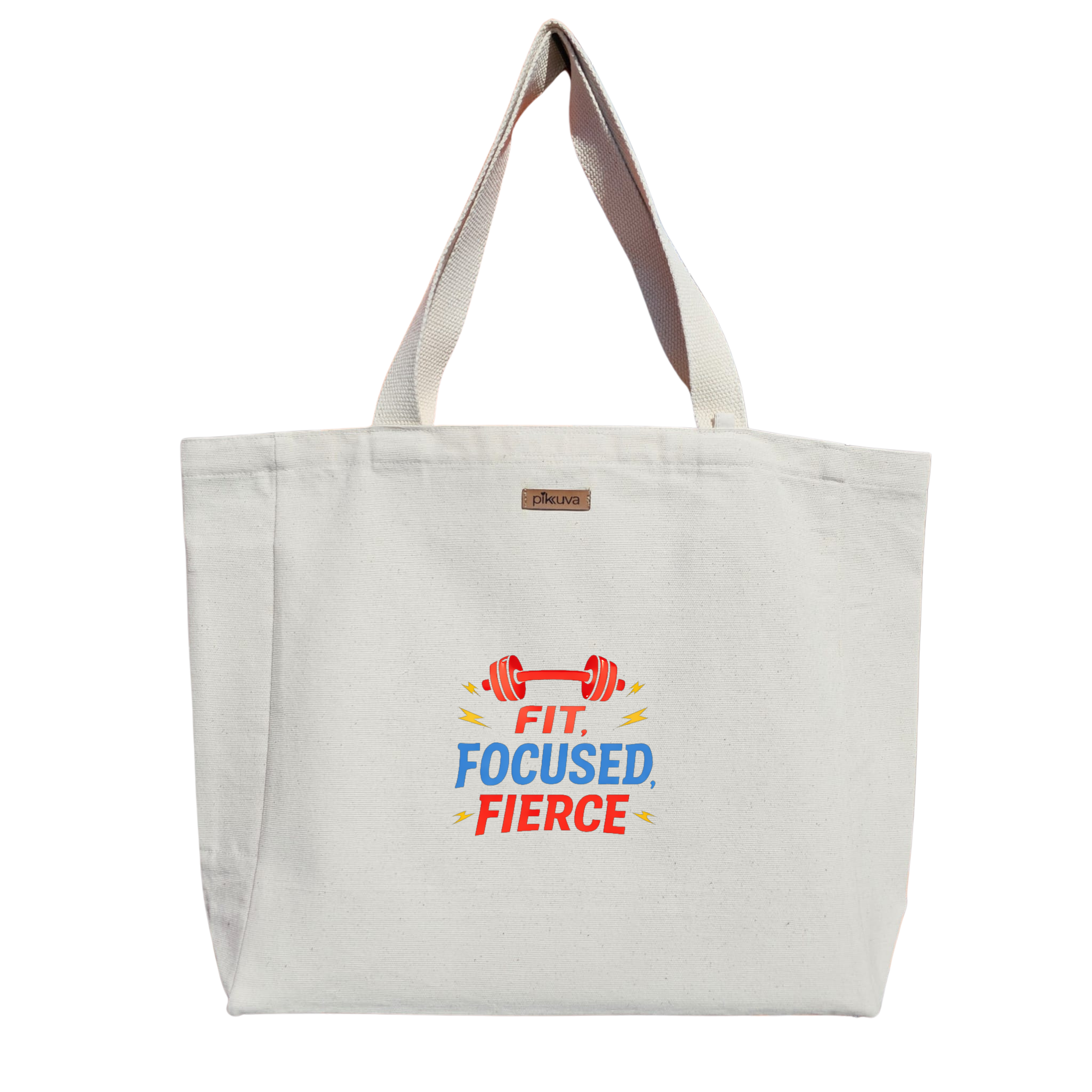 Natural Canvas Tote Bag, Natural Handle, White Velcro, Water Bottle Holder — 12x20