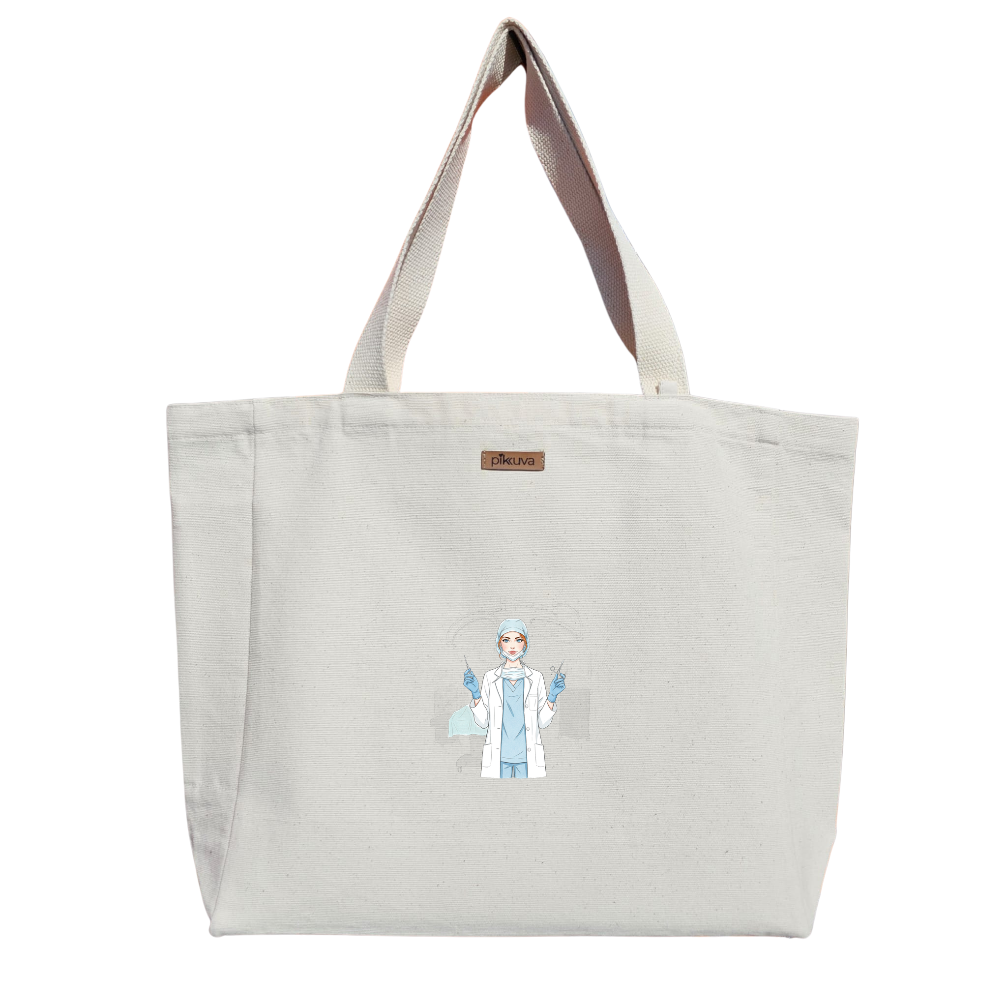 Natural Canvas Tote Bag, Natural Handle, White Velcro, Water Bottle Holder