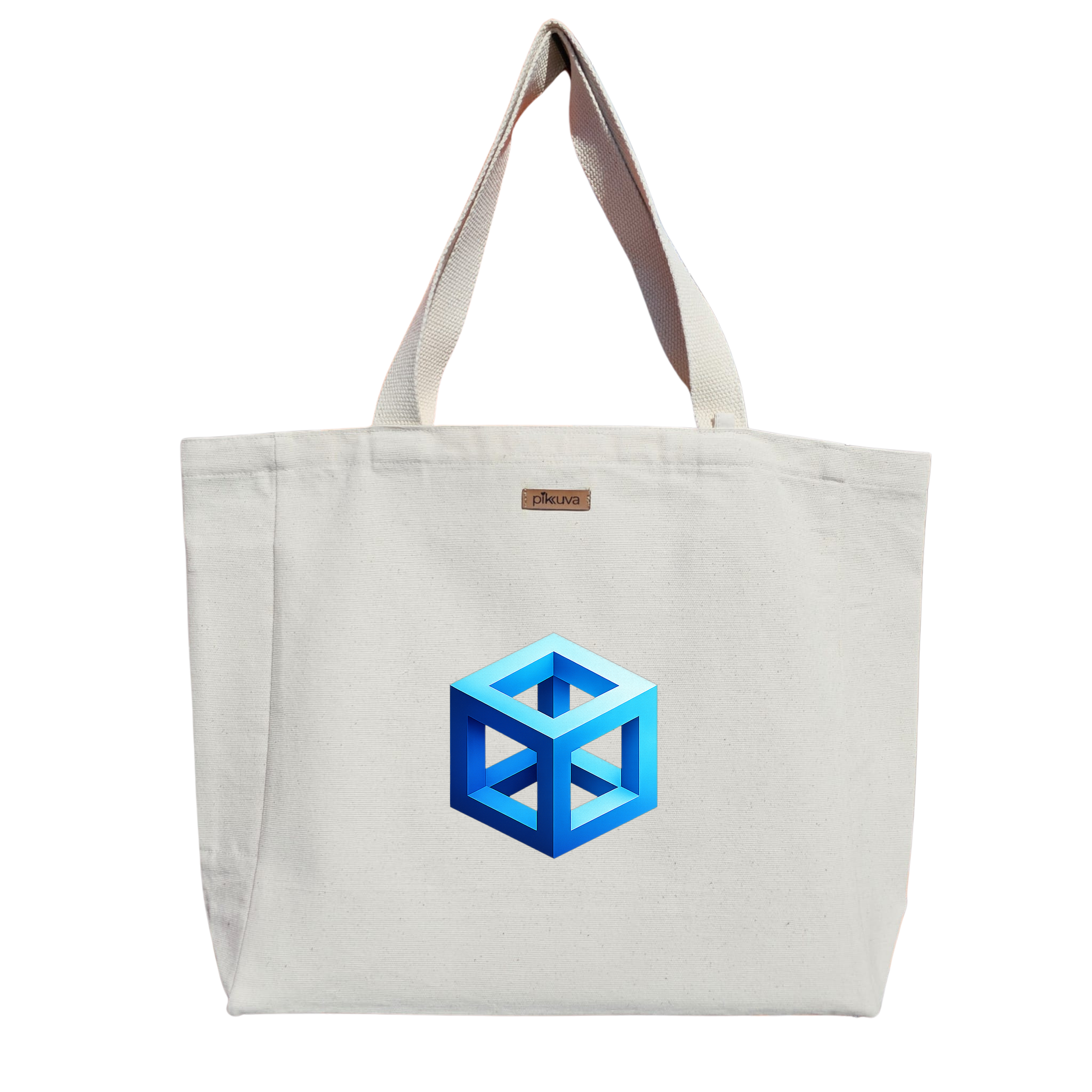 Mavi Geometrik Küp Tasarımı Blue geometric cube design Baskılı Naturel Kanvas Bez Çanta Sap Beyaz Cırt Cırtlı Suluk Tutuculu — 12x20