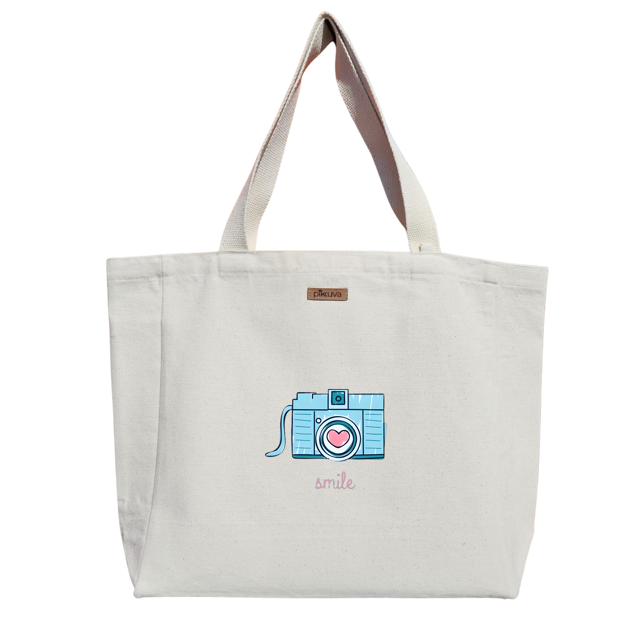 Natural Canvas Tote Bag, Natural Handle, White Velcro, Water Bottle Holder