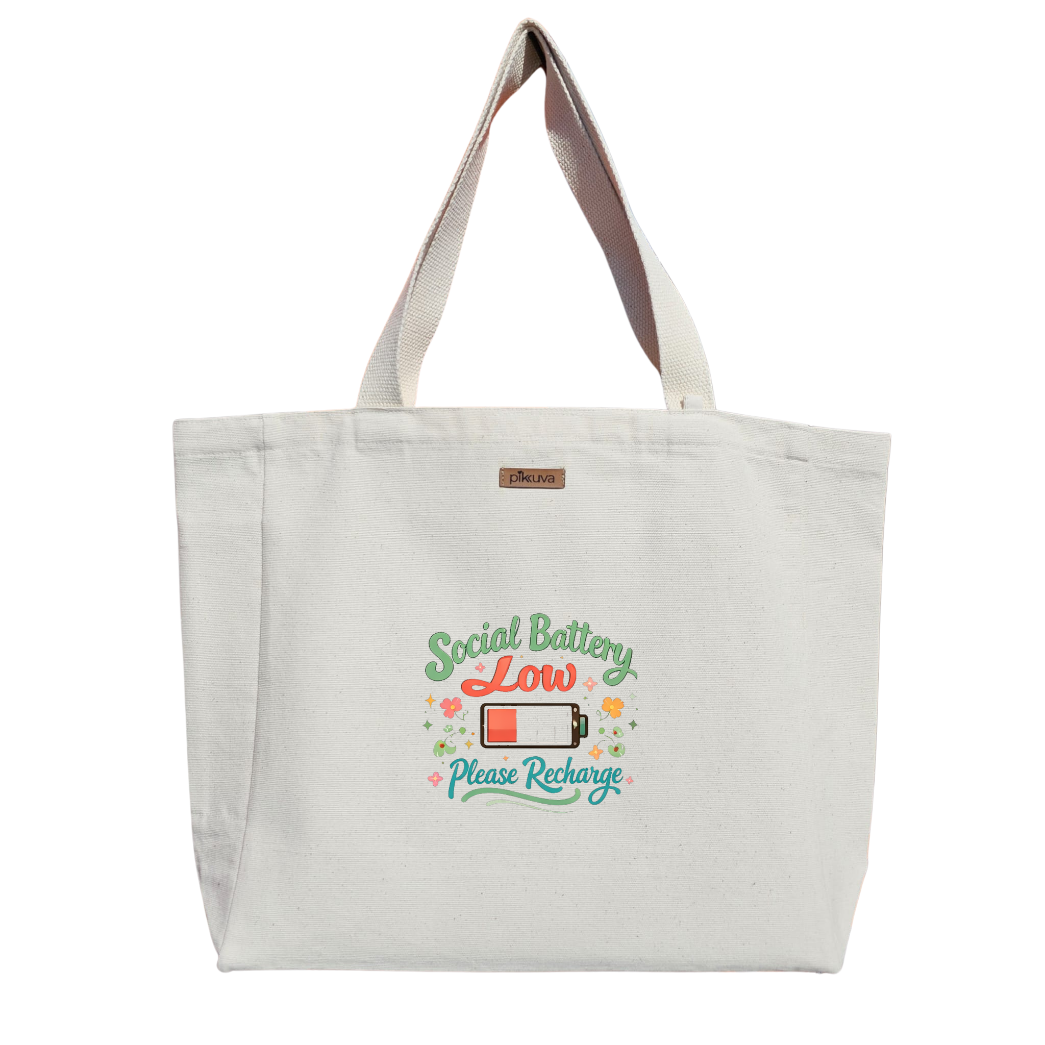 Natural Canvas Tote Bag, Natural Handle, White Velcro, Water Bottle Holder