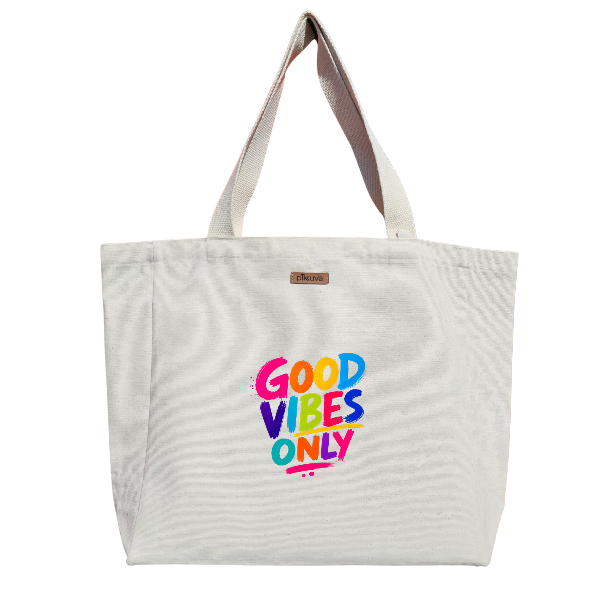 Natural Canvas Tote Bag, Natural Handle, White Velcro, Water Bottle Holder — 12x20