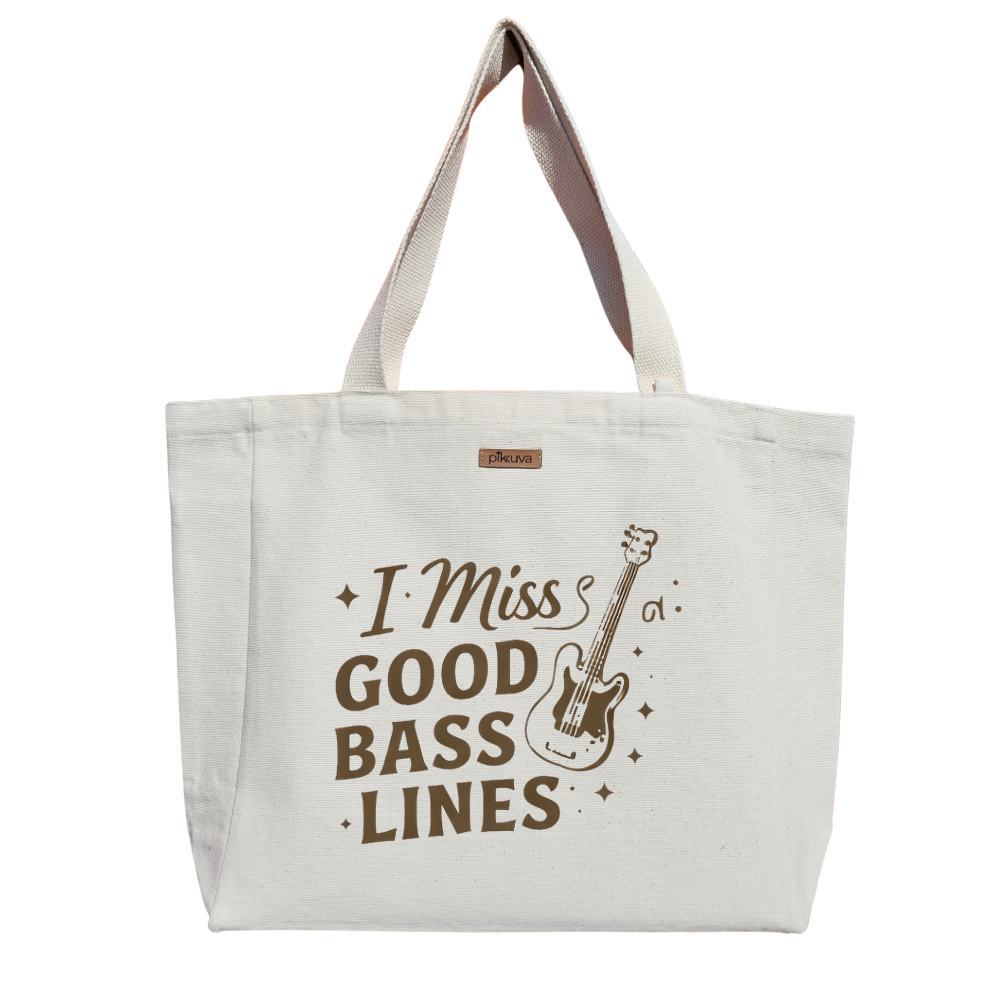 Kahverengi Gitar Figürü ile Müzik Temalı Logo ve Modern Nostaljik I Miss Baskılı Naturel Kanvas Bez Çanta Sap Beyaz Cırt Cırtlı Suluk Tutuculu — 24x20