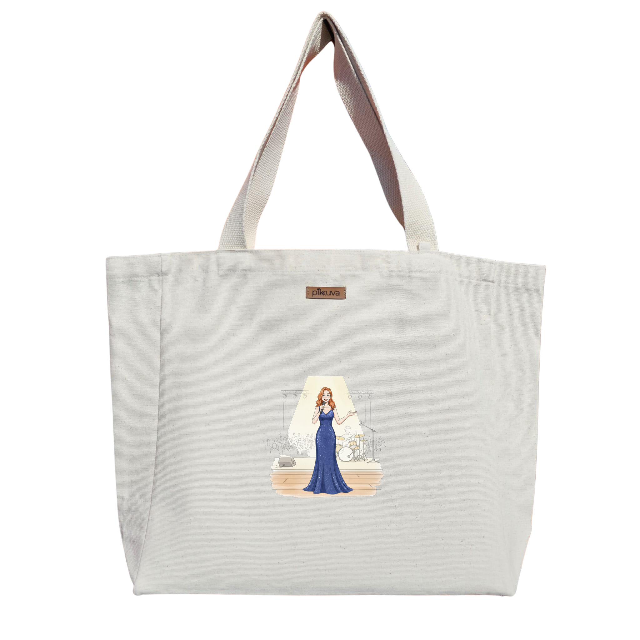 Mavi Işıltılı Elbise ile Sahne Performansı Blue sparkling dress Baskılı Naturel Kanvas Bez Çanta Sap Beyaz Cırt Cırtlı Suluk Tutuculu — 12x20