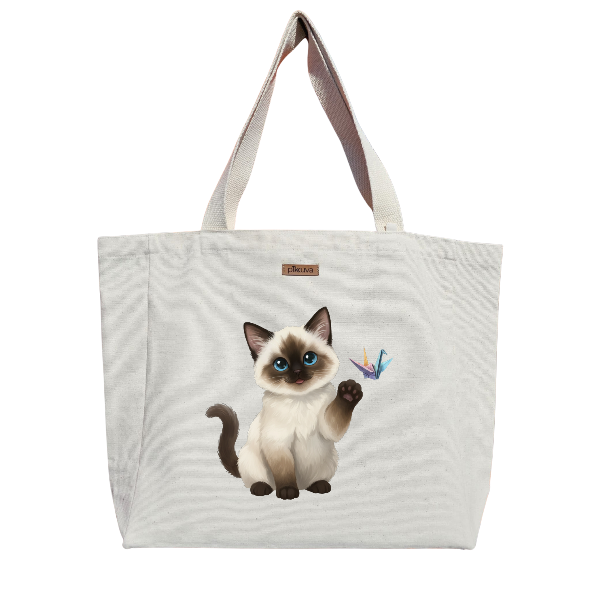 Sevimli Origami Kedi Cute cat Baskılı Naturel Kanvas Bez Çanta Sap Beyaz Cırt Cırtlı Suluk Tutuculu — 20x24