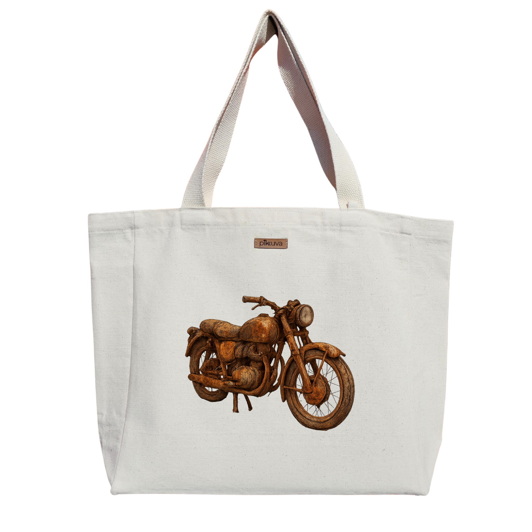 Natural Canvas Tote Bag, Natural Handle, White Velcro, Water Bottle Holder — 20x24