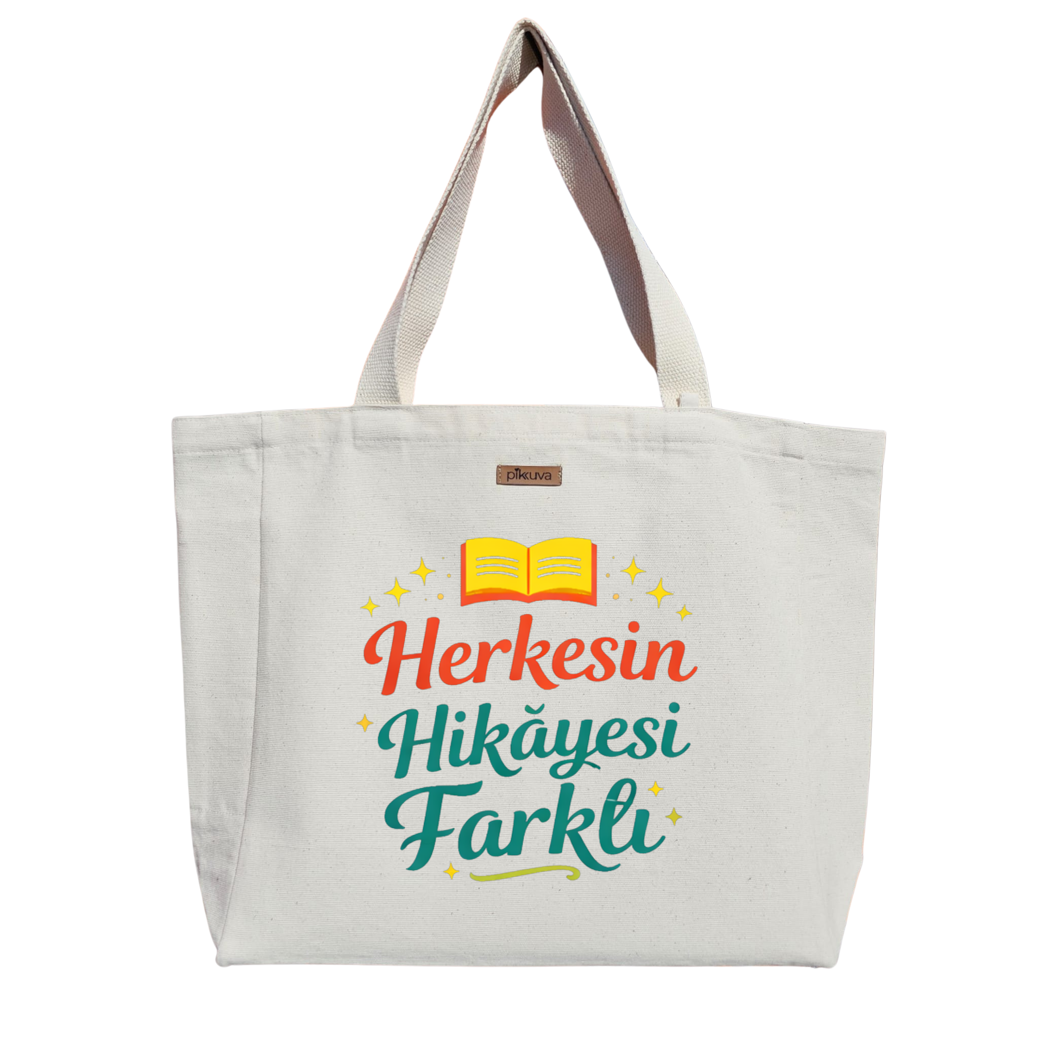 Sarı Kitap Açık Logo Kırmızı ve Yeşil Yazı Stili tasarımı Baskılı Naturel Kanvas Bez Çanta Sap Beyaz Cırt Cırtlı Suluk Tutuculu