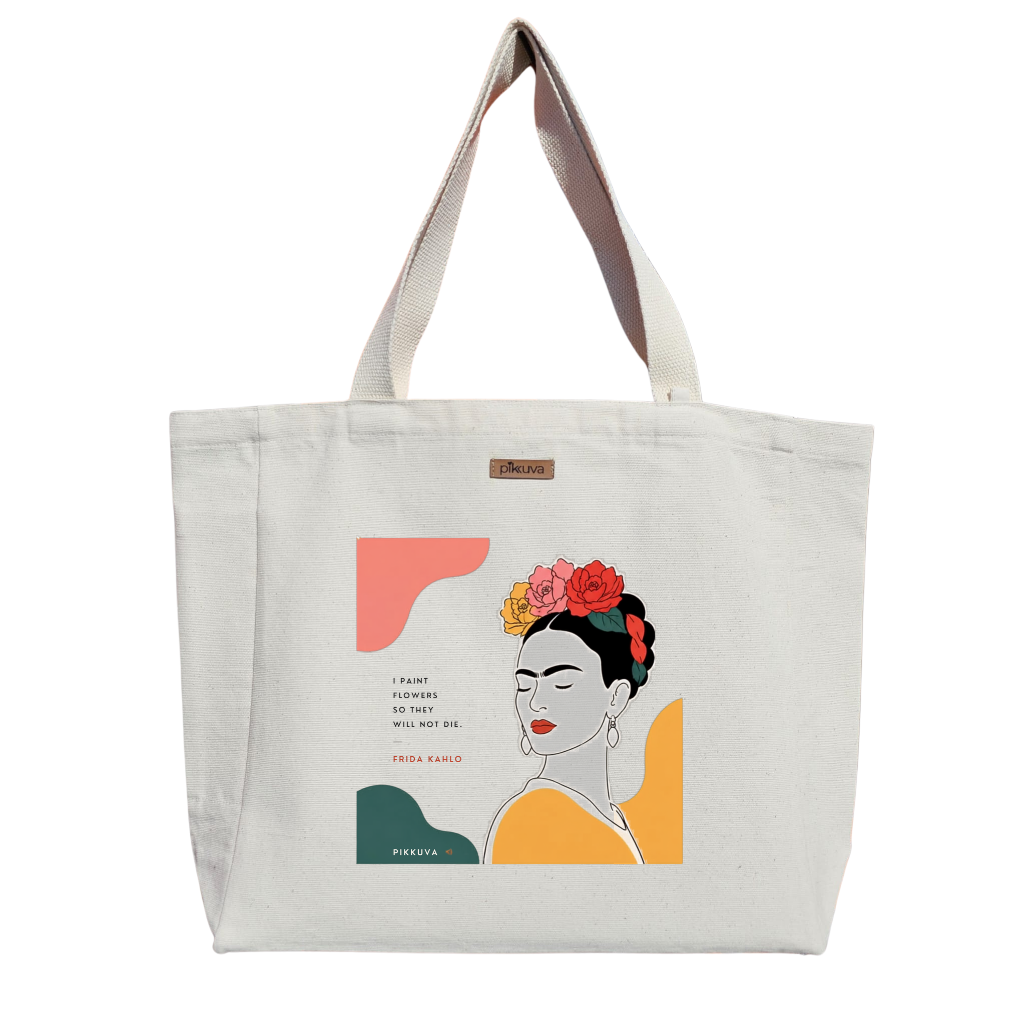 Natural Canvas Tote Bag, Natural Handle, White Velcro, Water Bottle Holder — 20x24