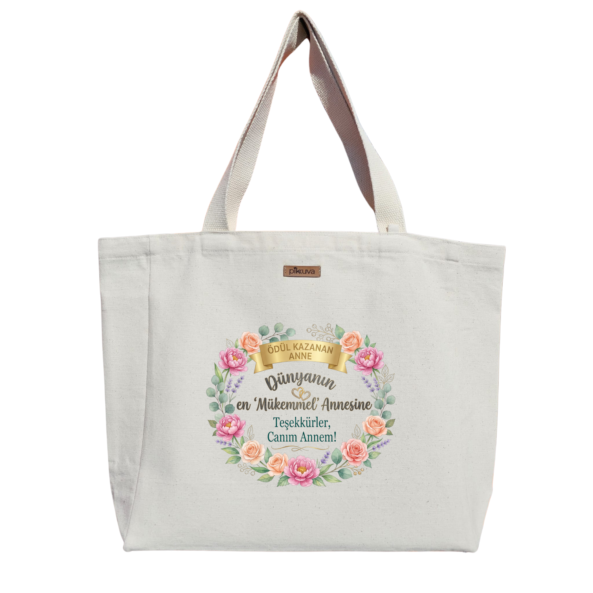 Natural Canvas Tote Bag, Natural Handle, White Velcro, Water Bottle Holder — 20x24