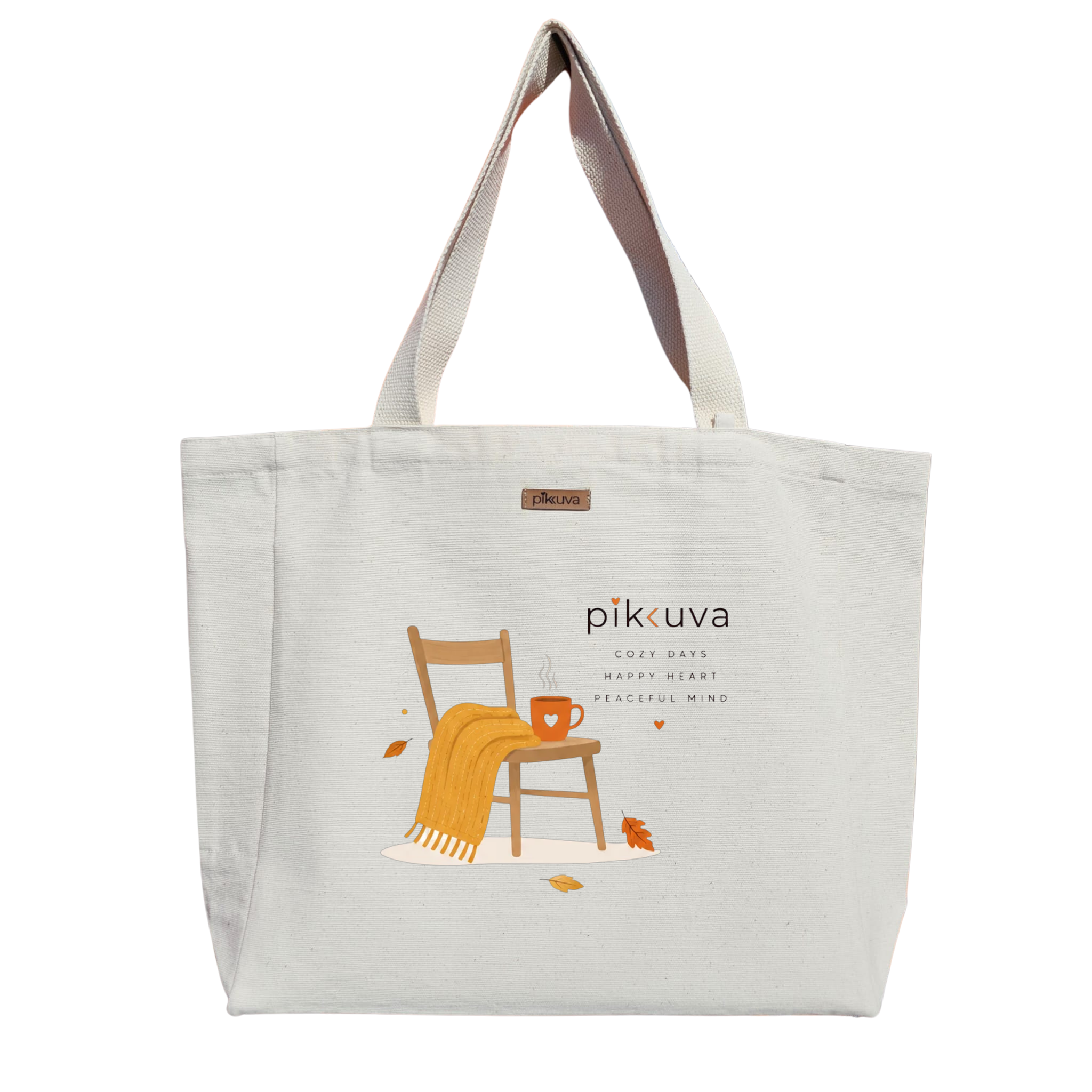 Natural Canvas Tote Bag, Natural Handle, White Velcro, Water Bottle Holder — 20x24