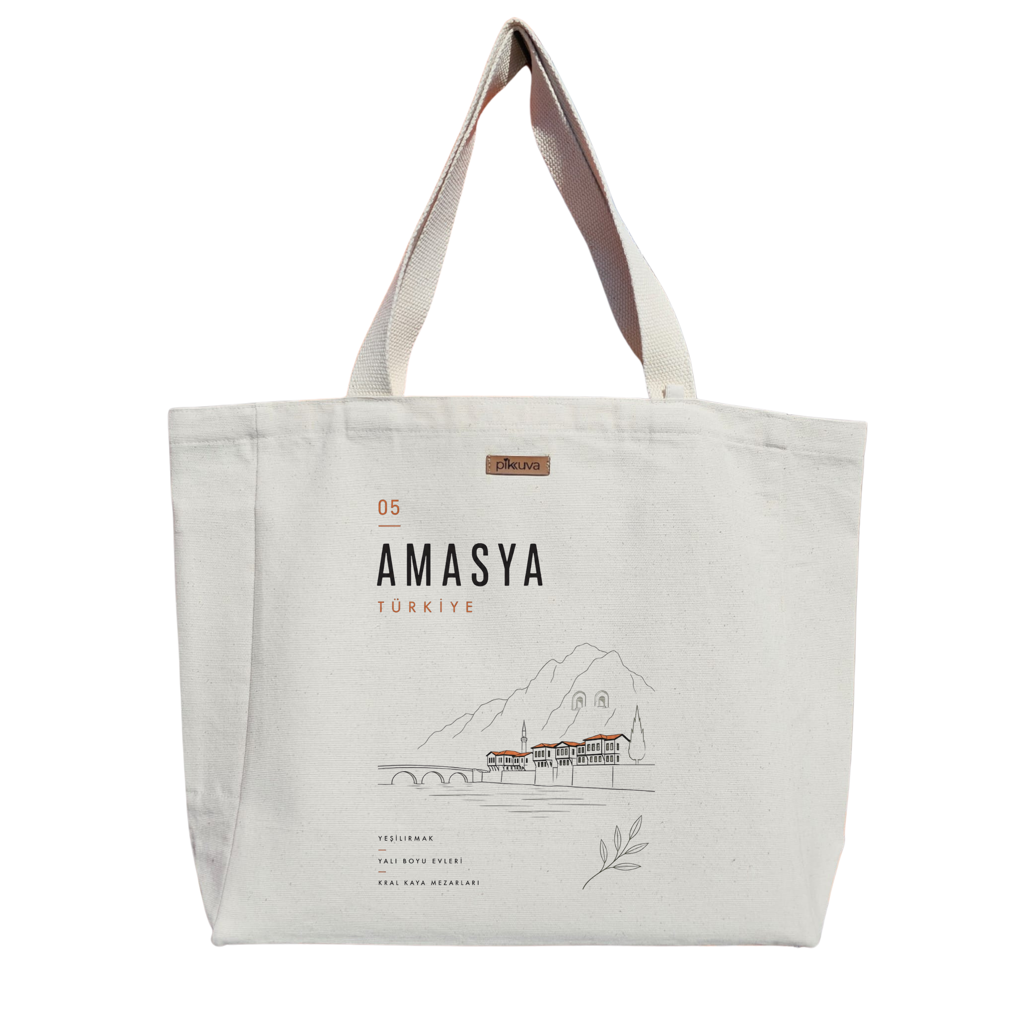 Natural Canvas Tote Bag, Natural Handle, White Velcro, Water Bottle Holder — 20x24