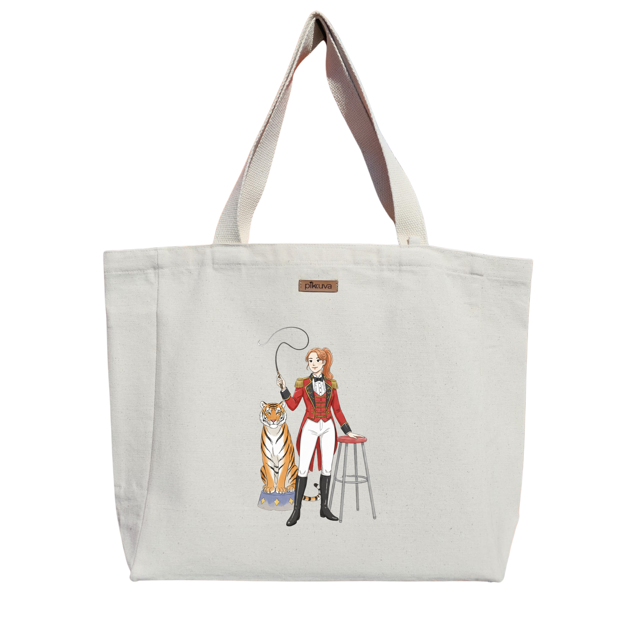 Natural Canvas Tote Bag, Natural Handle, White Velcro, Water Bottle Holder — 12x20