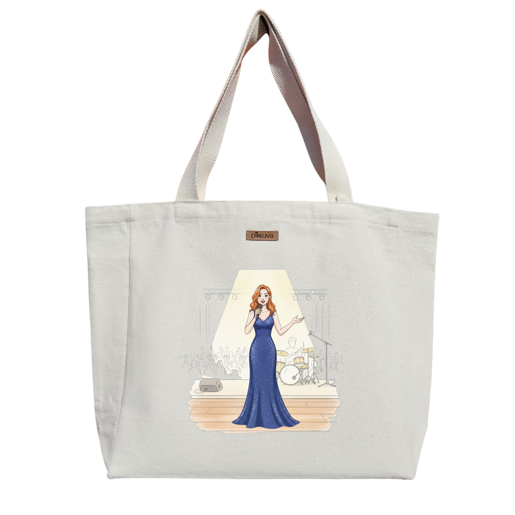 Mavi Işıltılı Elbise ile Sahne Performansı Blue sparkling dress Baskılı Naturel Kanvas Bez Çanta Sap Beyaz Cırt Cırtlı Suluk Tutuculu — 20x24