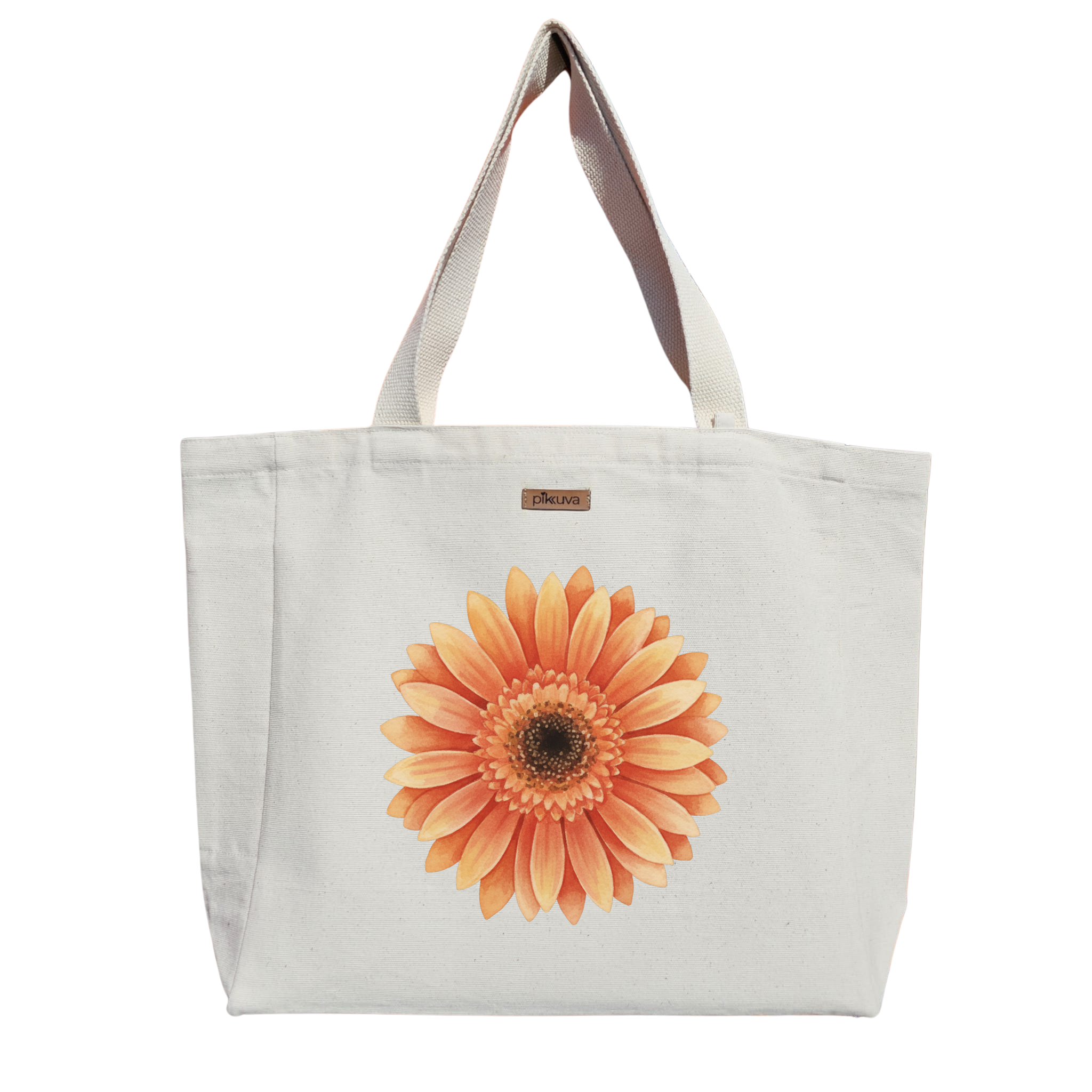 Şeftali Renkli Papatya Tasarımı Peach colored daisy design Baskılı Naturel Kanvas Bez Çanta Sap Beyaz Cırt Cırtlı Suluk Tutuculu — 20x24
