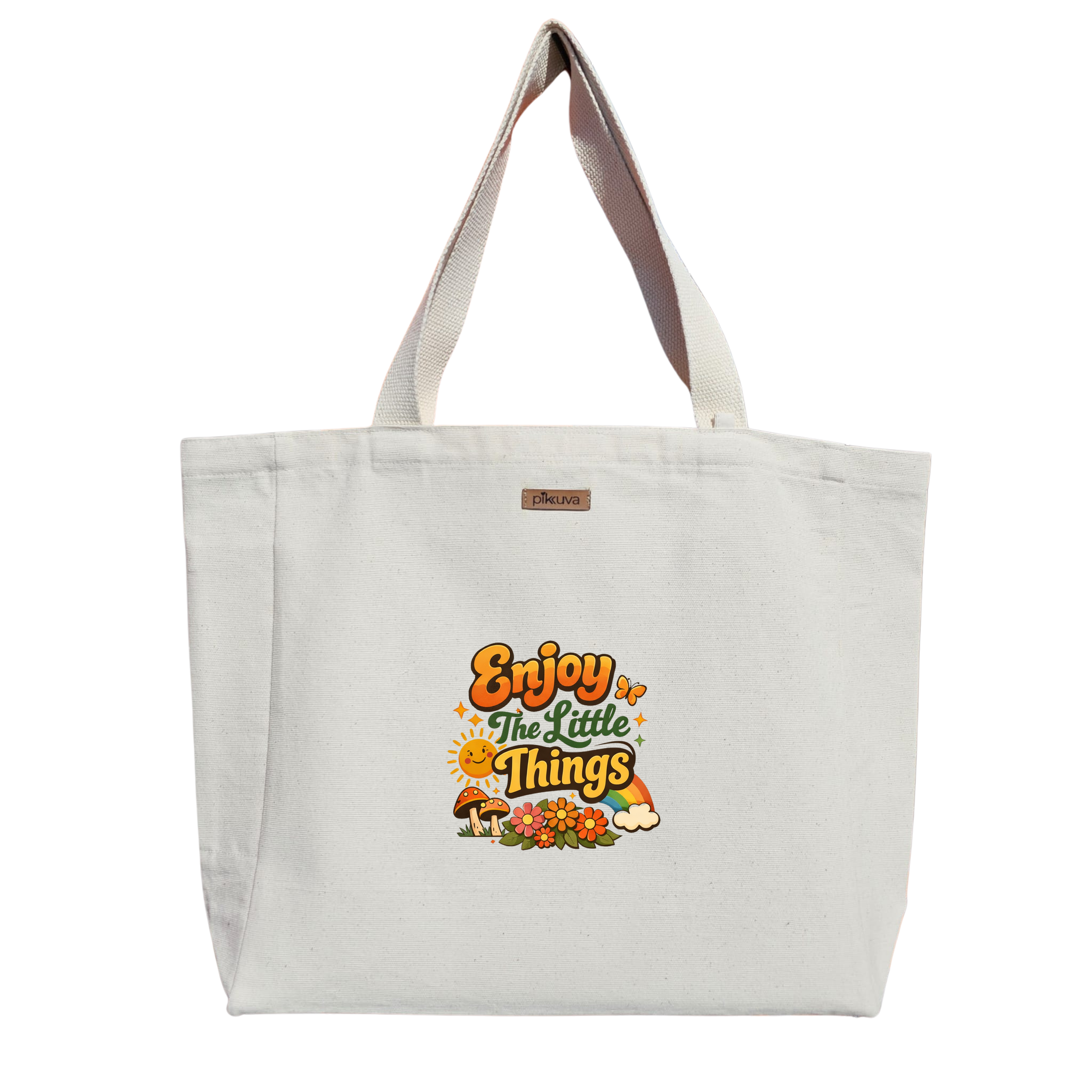 Natural Canvas Tote Bag, Natural Handle, White Velcro, Water Bottle Holder