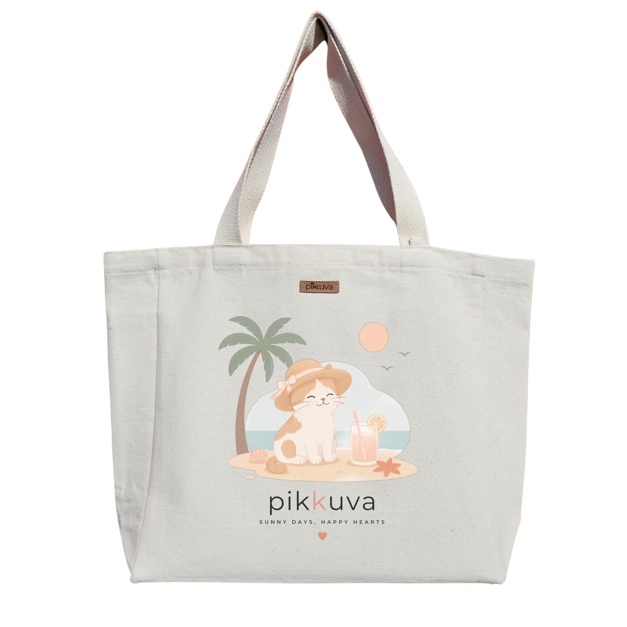 Natural Canvas Tote Bag, Natural Handle, White Velcro, Water Bottle Holder — 20x24