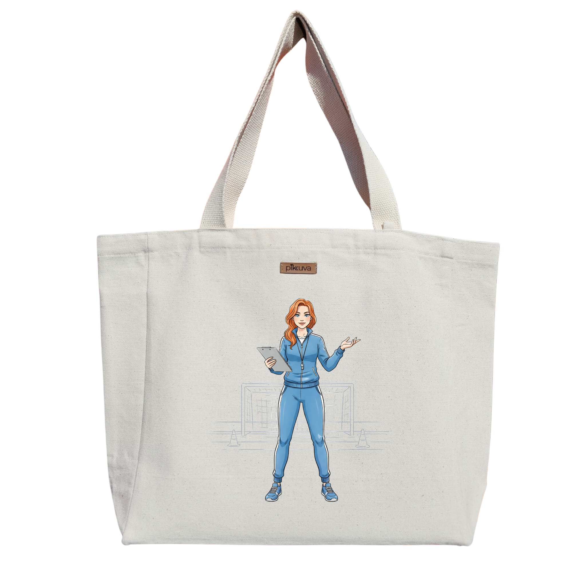 Natural Canvas Tote Bag, Natural Handle, White Velcro, Water Bottle Holder — 20x24