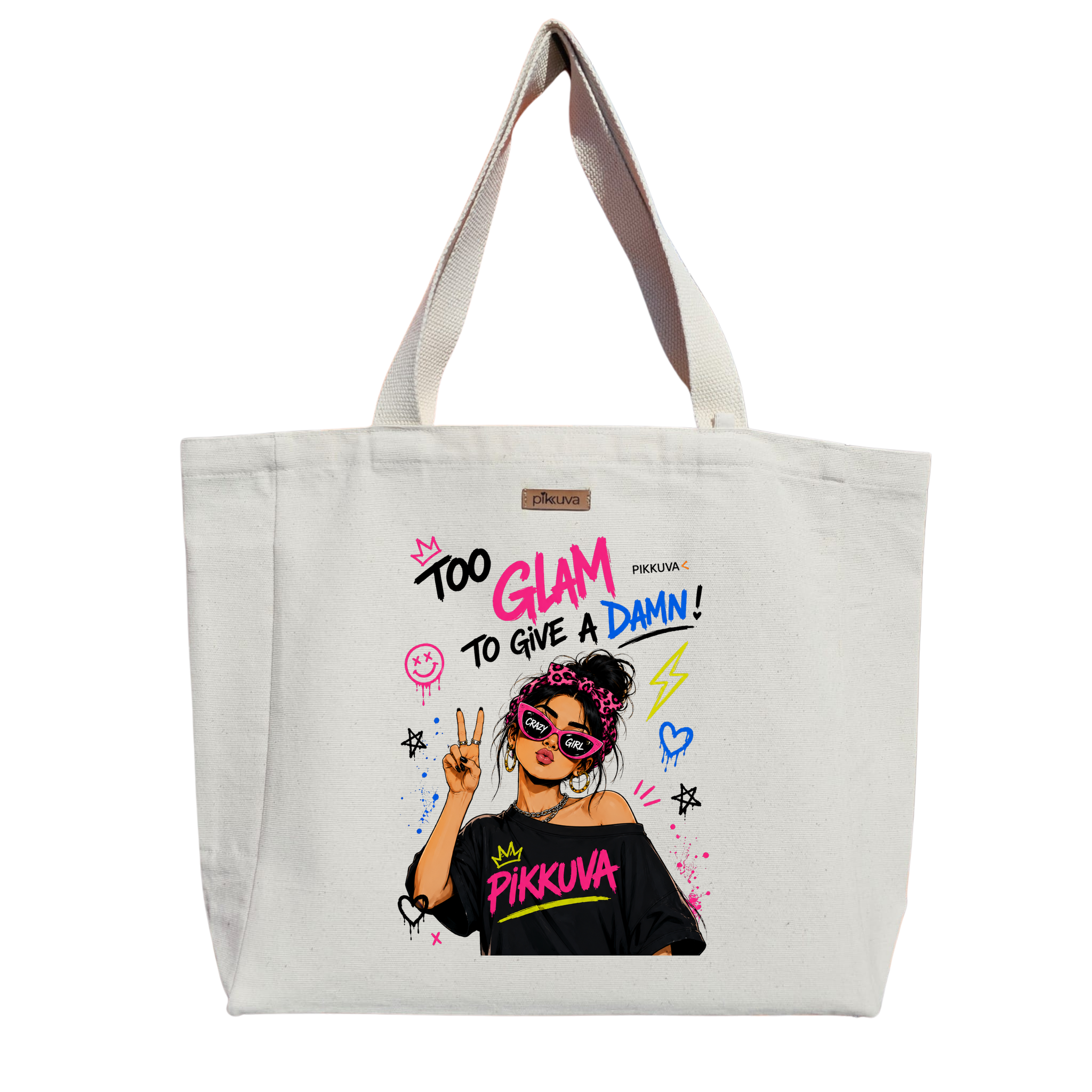Glamour Dolu Crazy Kız DAMN Baskılı Naturel Kanvas Bez Çanta Sap Beyaz Cırt Cırtlı Suluk Tutuculu — 20x24