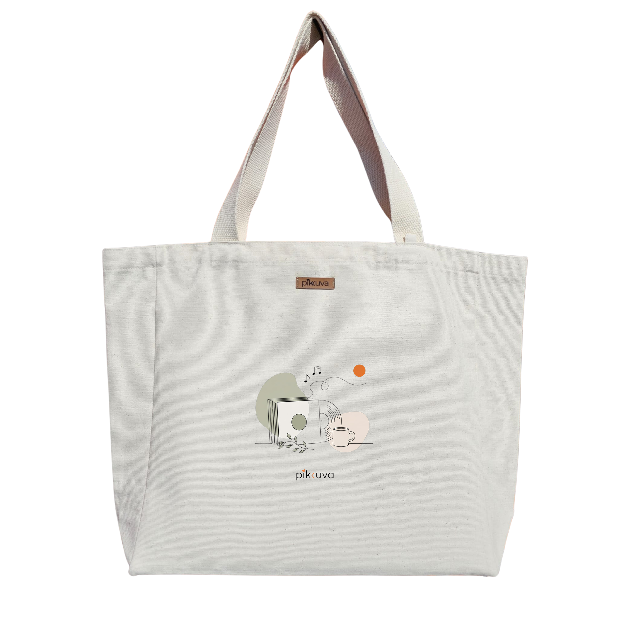 Müzik ve Kahve Temalı Minimalist Tasarım Music and coffee themed design Baskılı Naturel Kanvas Bez Çanta Sap Beyaz Cırt Cırtlı Suluk Tutuculu — 12x20