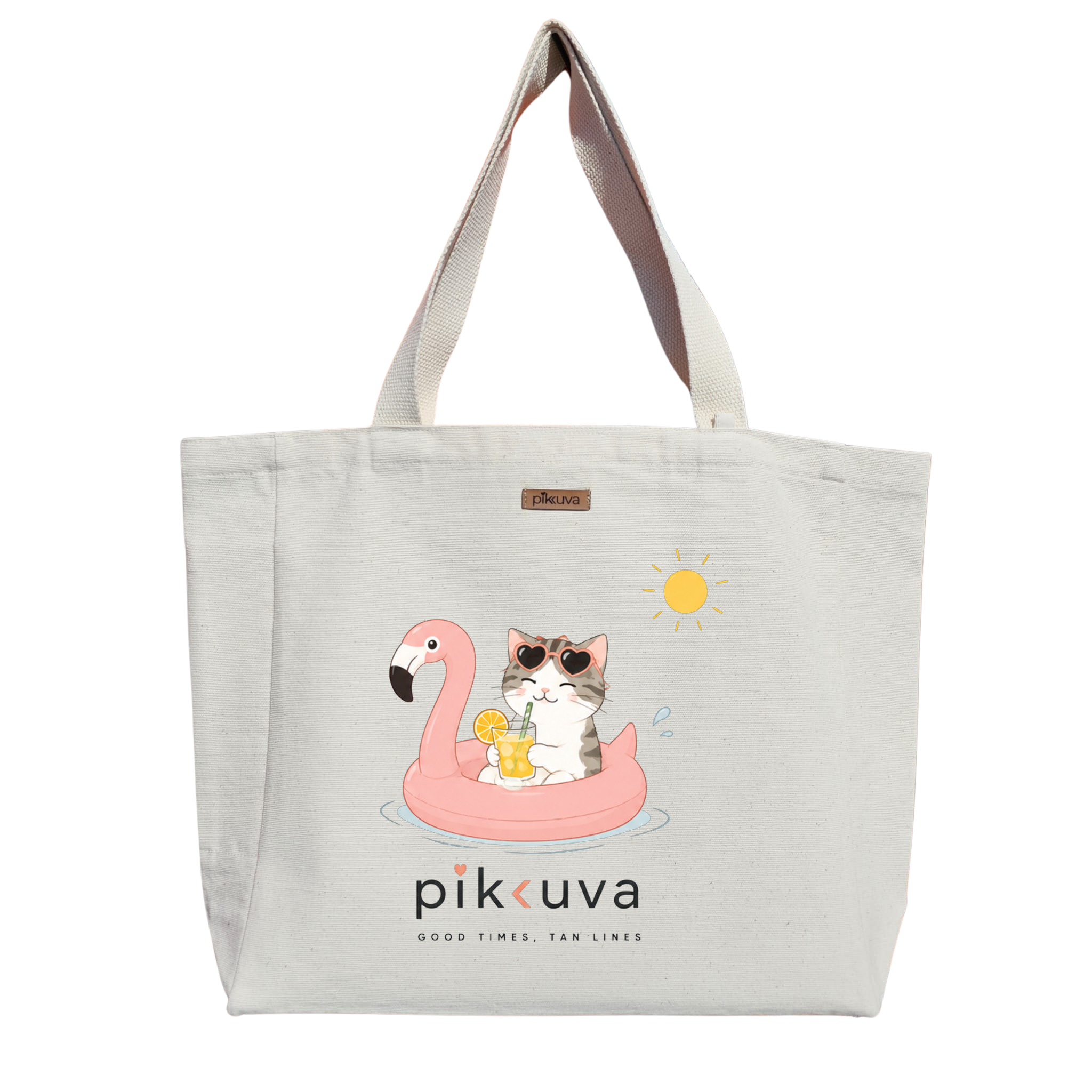 Yaz Keyfi Flamingo Yüzme Havuzunda Kedi GOOD TIMES Baskılıı Naturel Kanvas Bez Çanta Sap Beyaz Cırt Cırtlı Suluk Tutuculu — 20x24