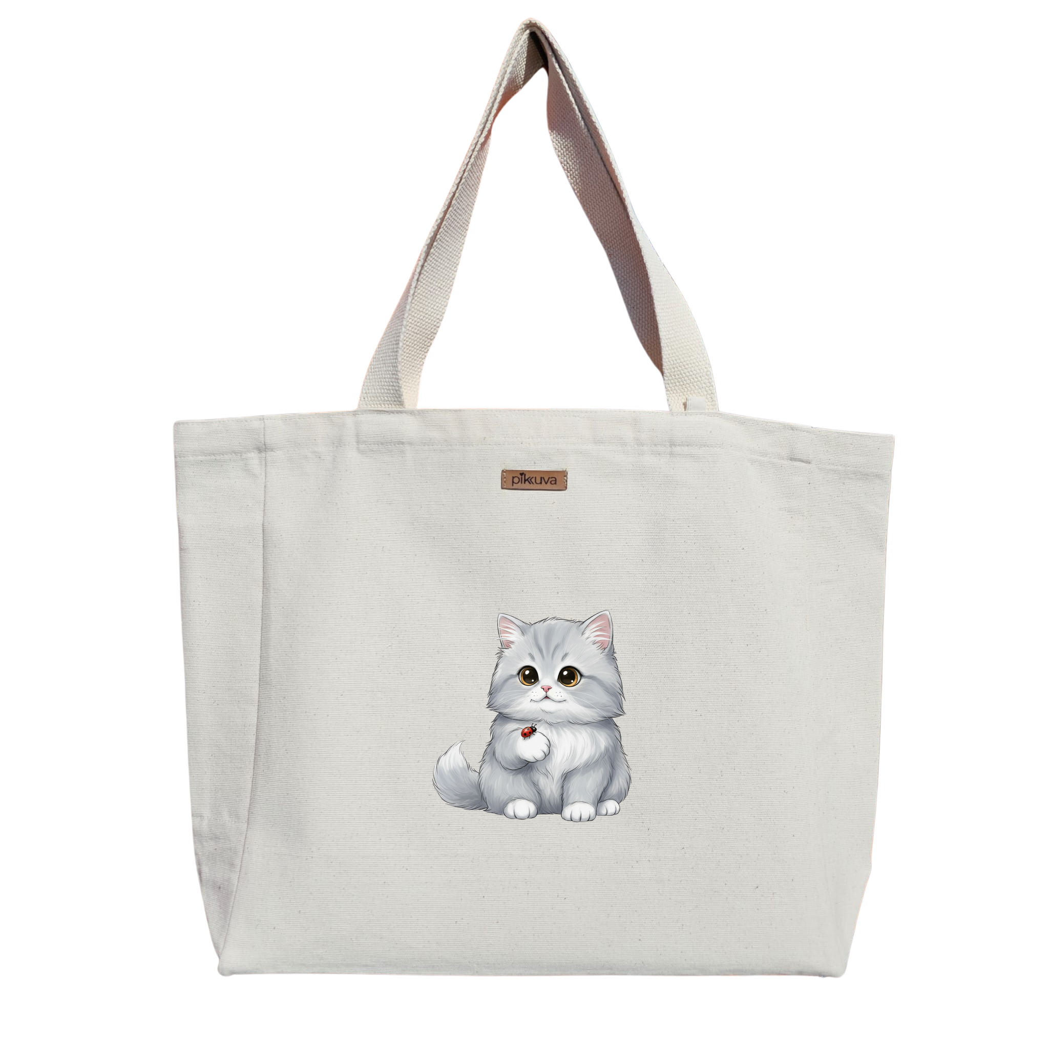 Sevimli Gümüş Kedi ve Uğur Böceği Cute silver cat and ladybug Baskılı Naturel Kanvas Bez Çanta Sap Beyaz Cırt Cırtlı Suluk Tutuculu — 12x20