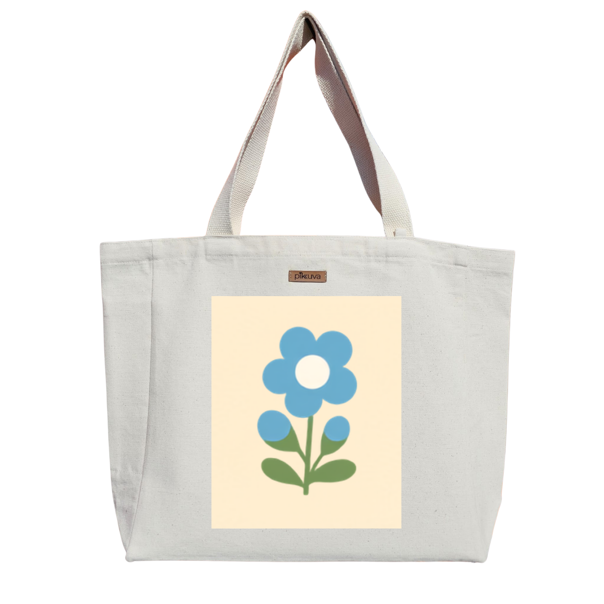 Açık Mavi Çiçek Logo Minimalist Stil Figürü Baskılıı Naturel Kanvas Bez Çanta Sap Beyaz Cırt Cırtlı Suluk Tutuculu — 20x24