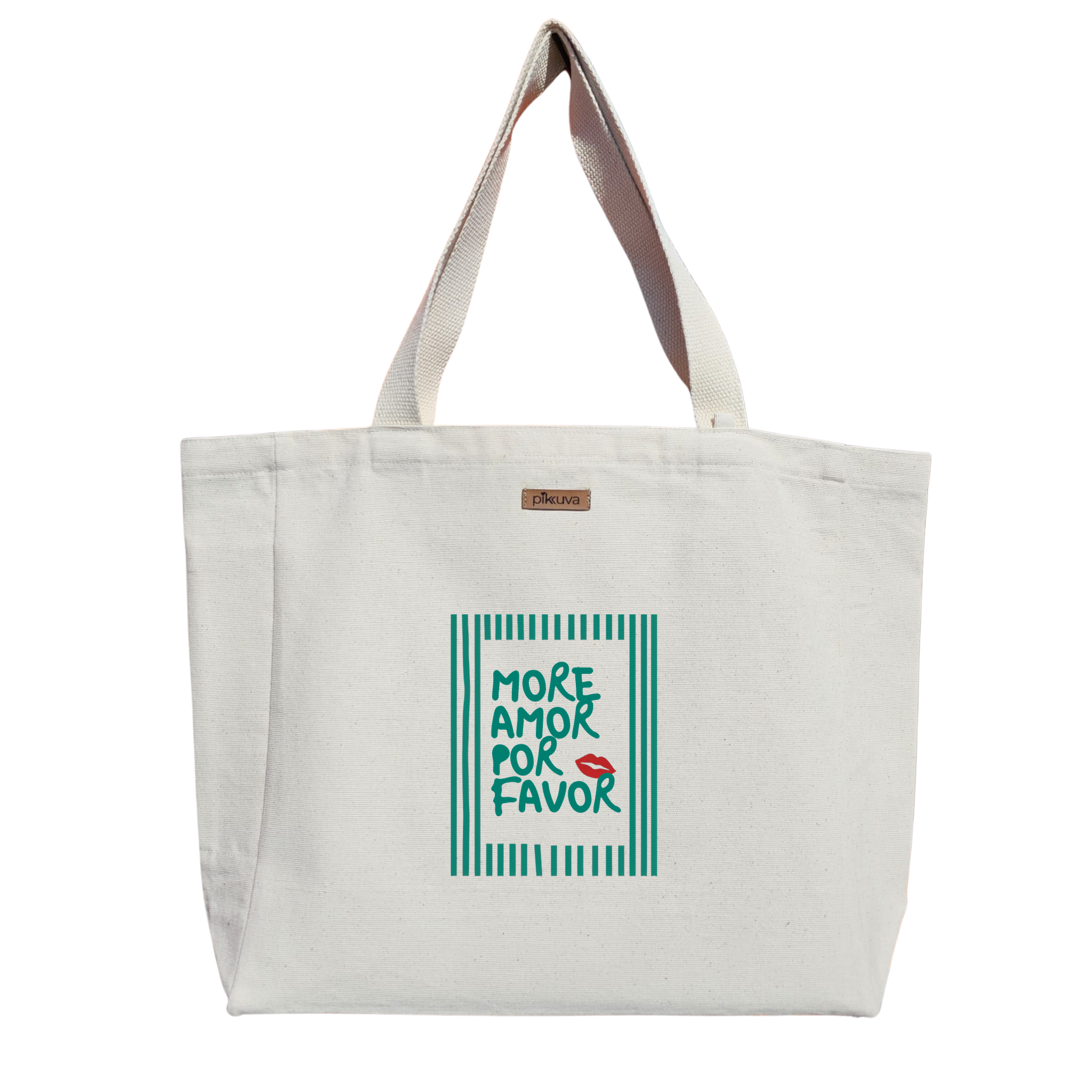 Natural Canvas Tote Bag, Natural Handle, White Velcro, Water Bottle Holder — 12x20