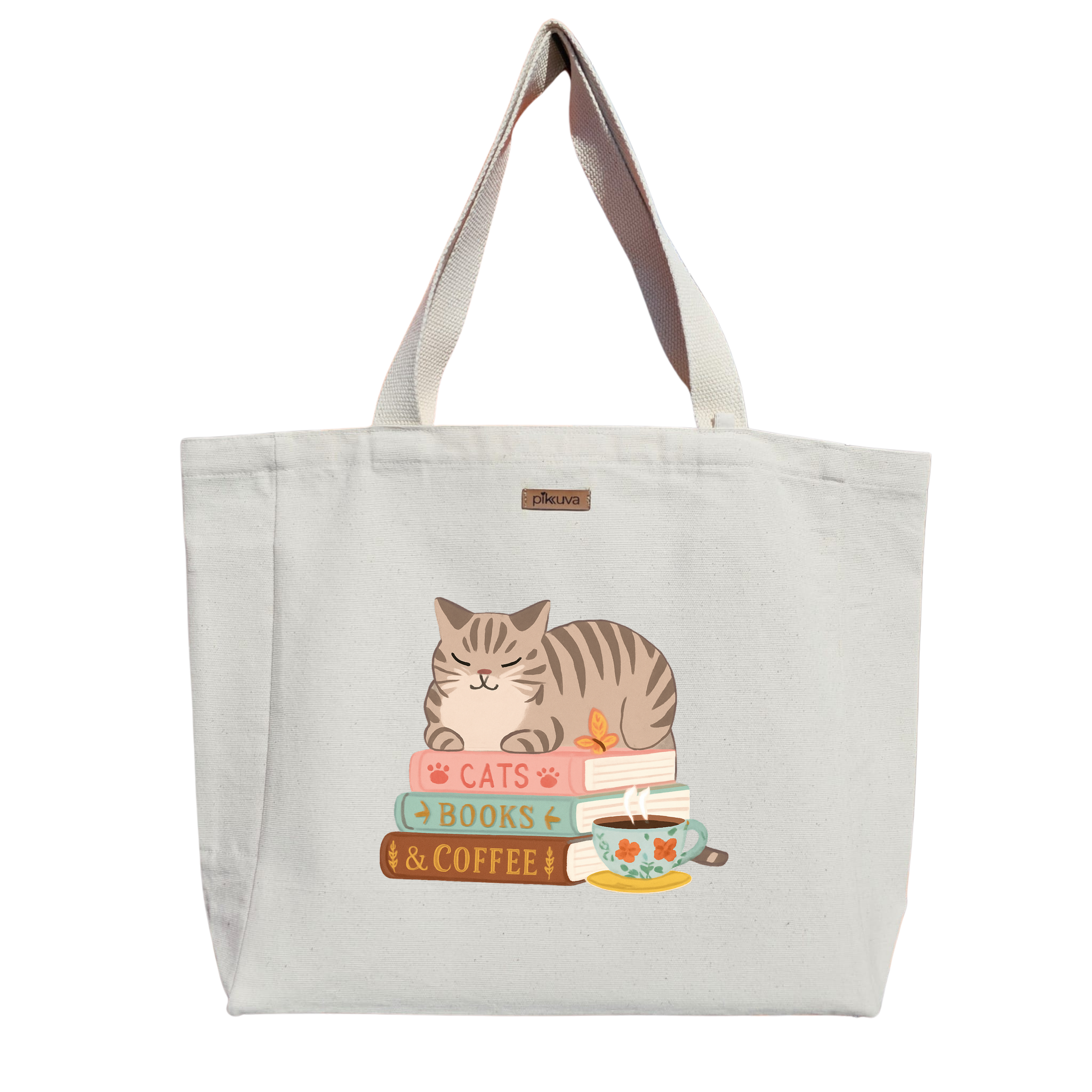 Natural Canvas Tote Bag, Natural Handle, White Velcro, Water Bottle Holder — 20x24