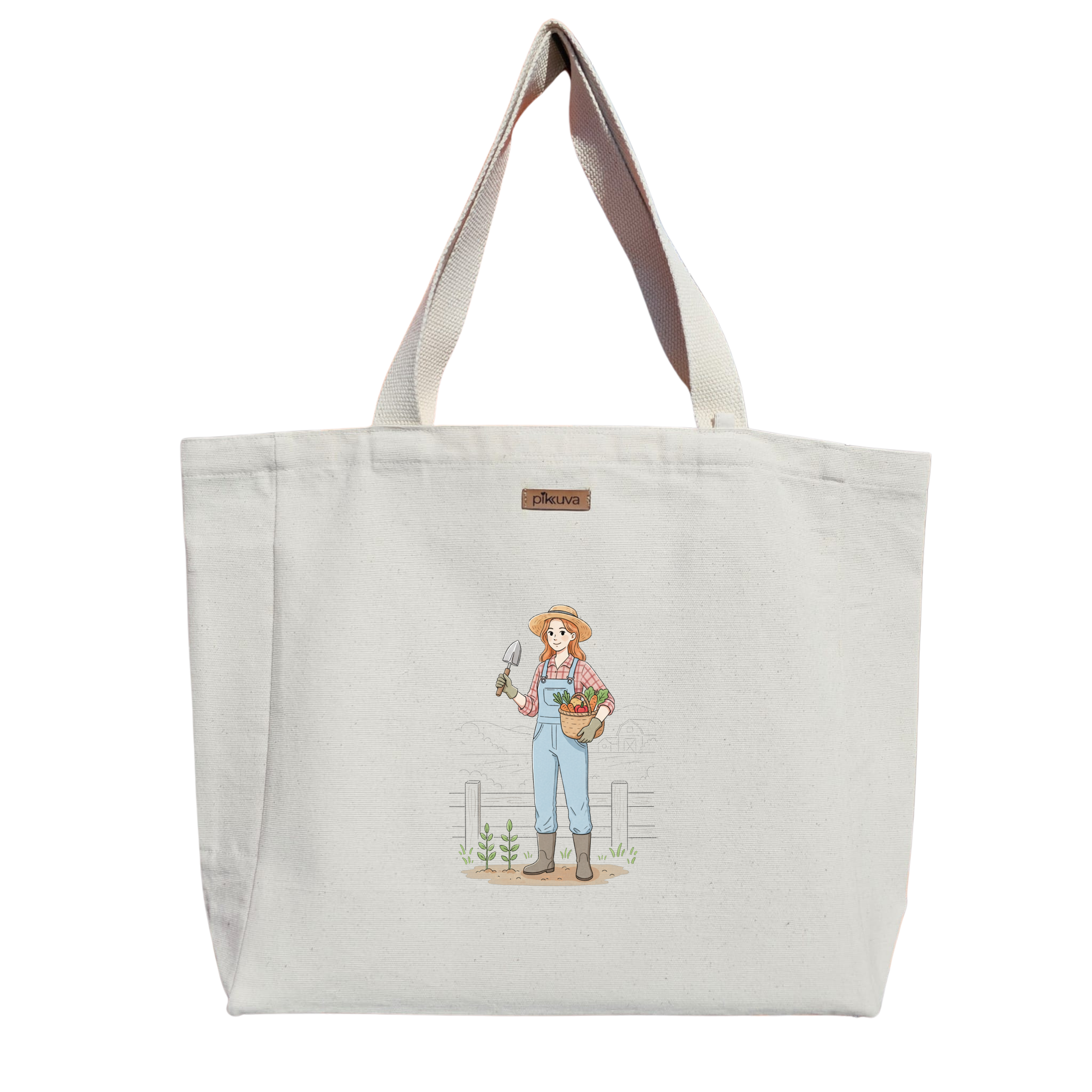 Natural Canvas Tote Bag, Natural Handle, White Velcro, Water Bottle Holder — 12x20