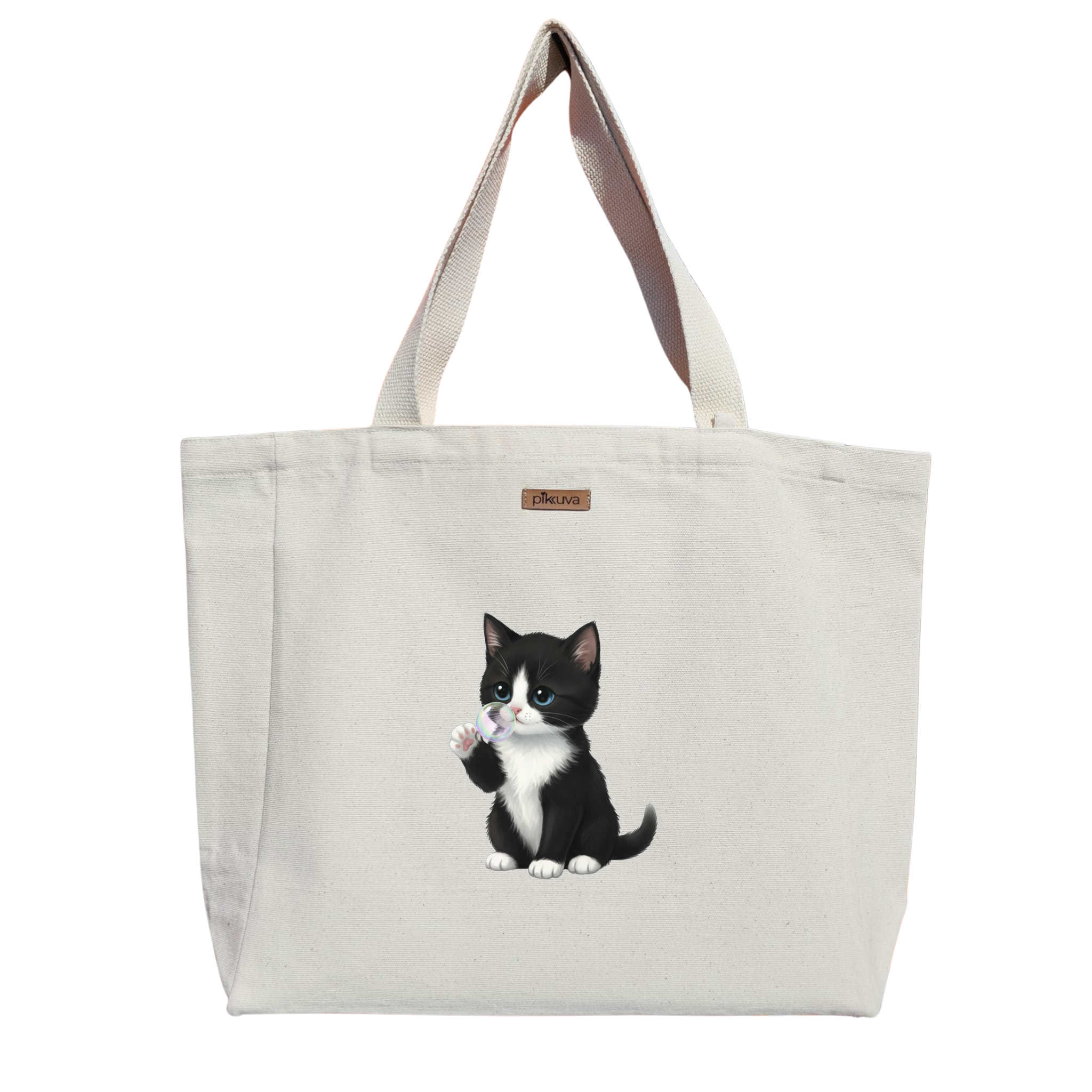 Natural Canvas Tote Bag, Natural Handle, White Velcro, Water Bottle Holder — 12x20