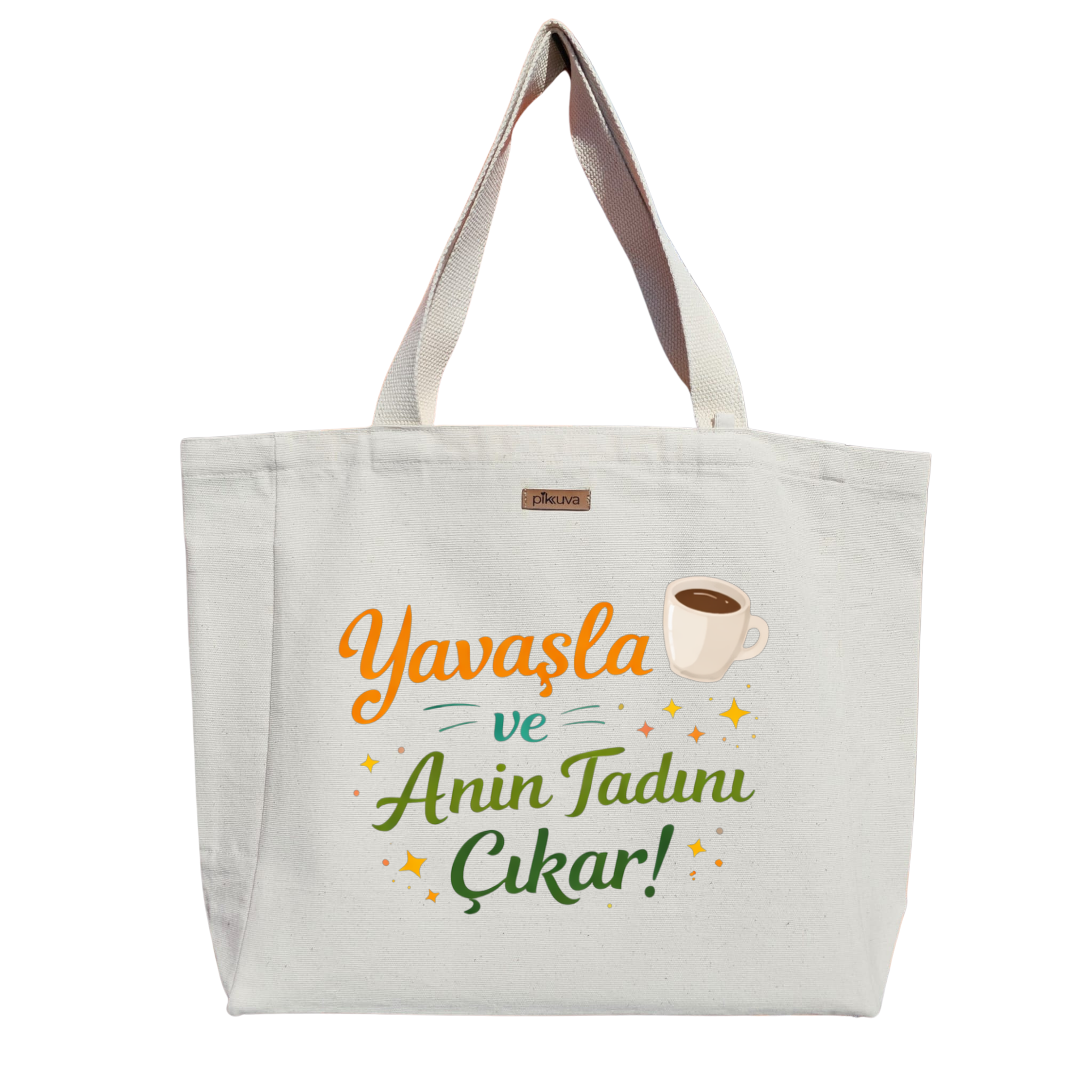Turuncu Yeşil Kahve Fincanı Logo Yavaş Yaşam Teması Modern El Yazısı Baskılı Naturel Kanvas Bez Çanta Sap Beyaz Cırt Cırtlı Suluk Tutuculu