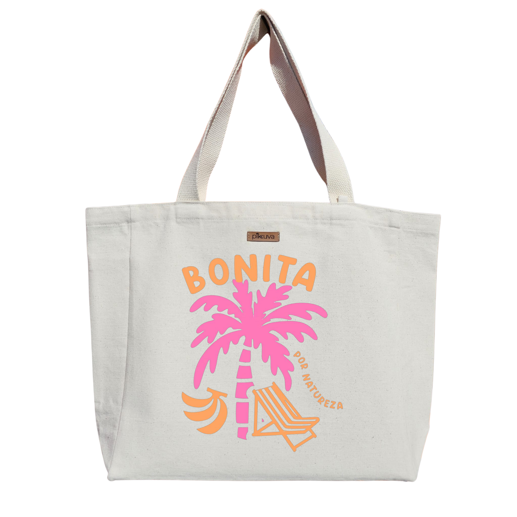 Natural Canvas Tote Bag, Natural Handle, White Velcro, Water Bottle Holder — 20x24