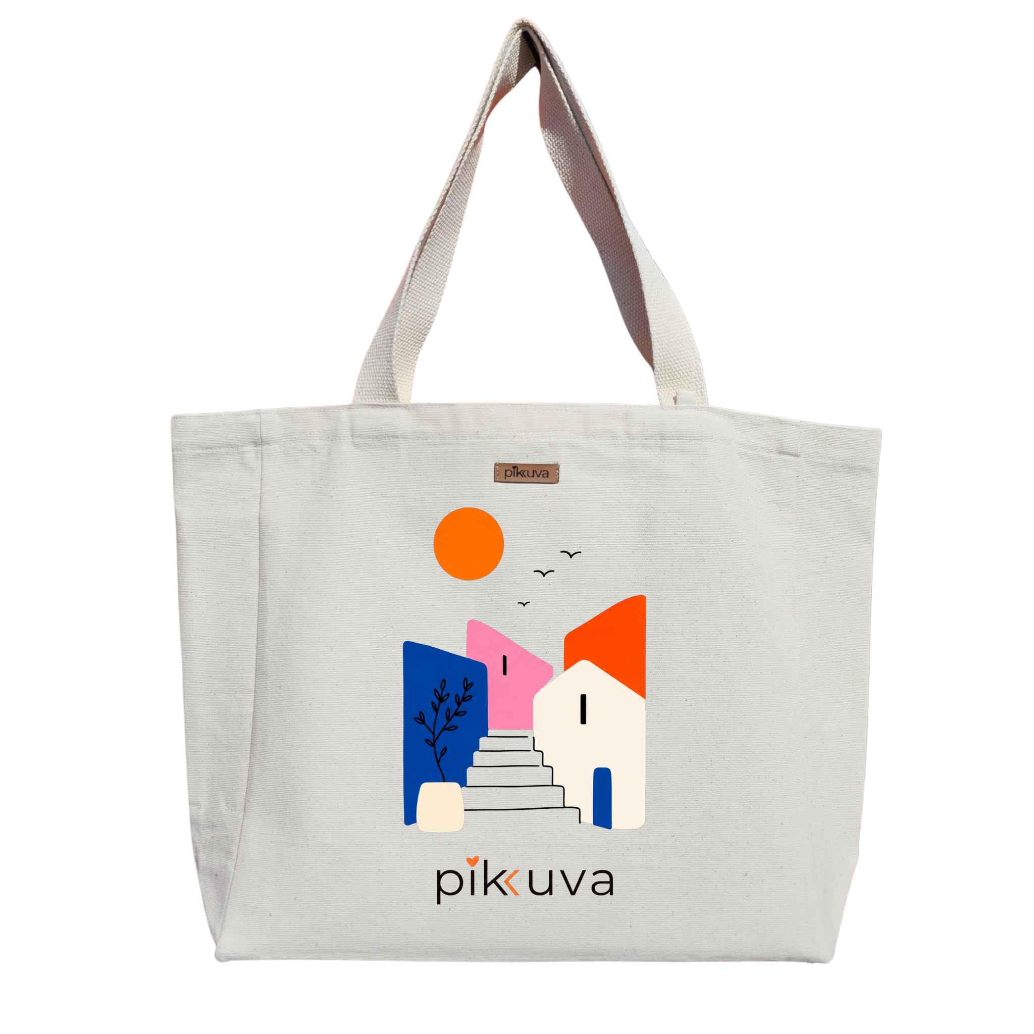 Natural Canvas Tote Bag, Natural Handle, White Velcro, Water Bottle Holder — 20x24