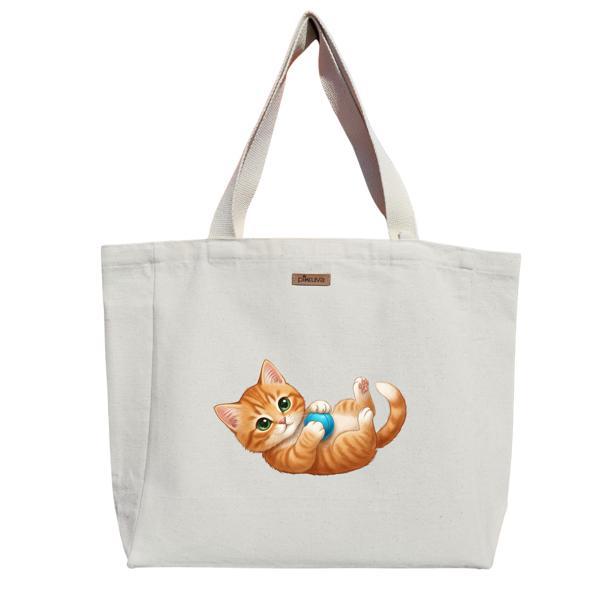 Natural Canvas Tote Bag, Natural Handle, White Velcro, Water Bottle Holder — 20x24