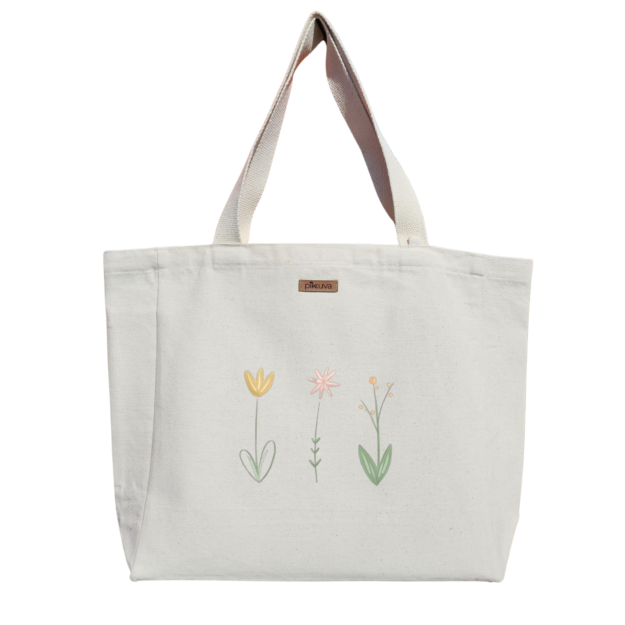 Natural Canvas Tote Bag, Natural Handle, White Velcro, Water Bottle Holder — 20x12