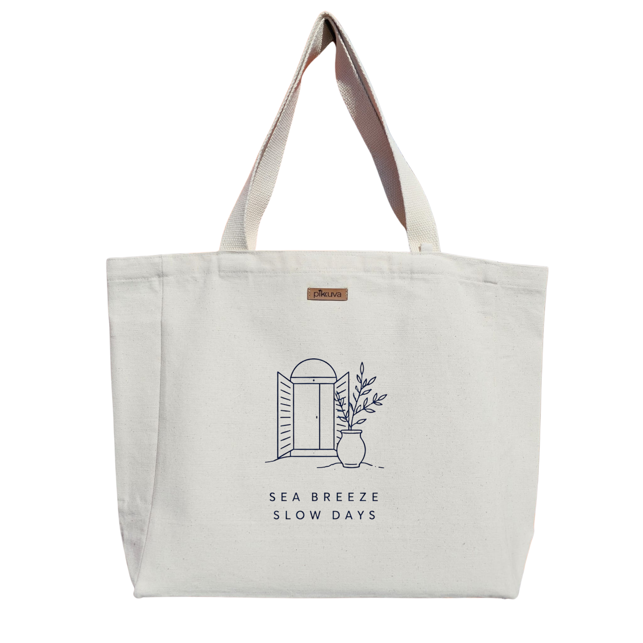 Natural Canvas Tote Bag, Natural Handle, White Velcro, Water Bottle Holder — 12x20